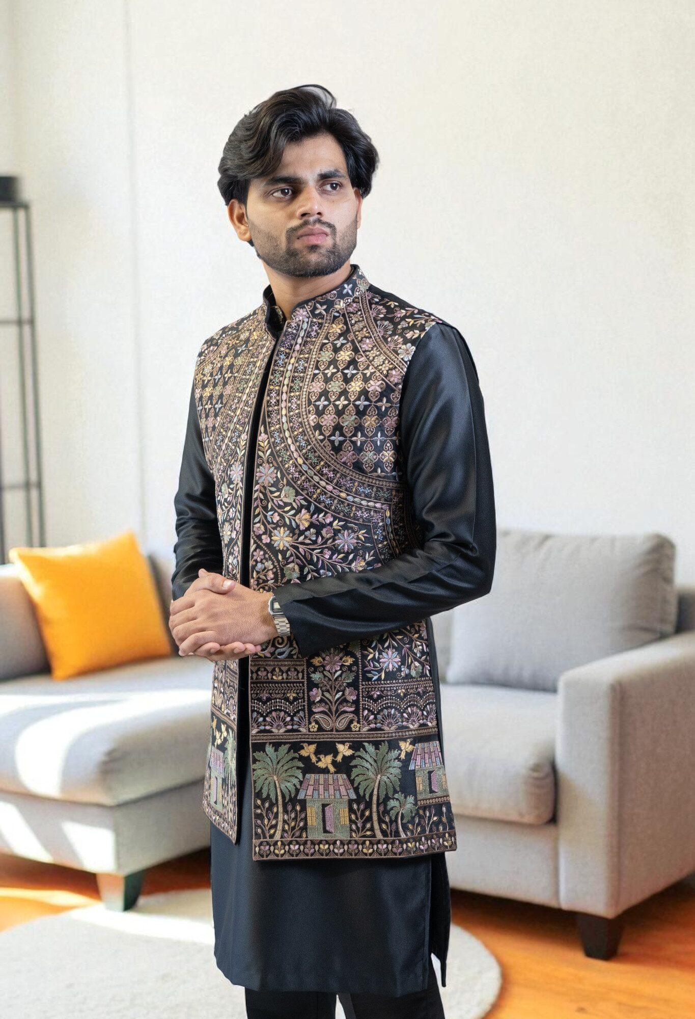 Black Kurta Jacket Set – Sharq Style with Full Embroidery Design