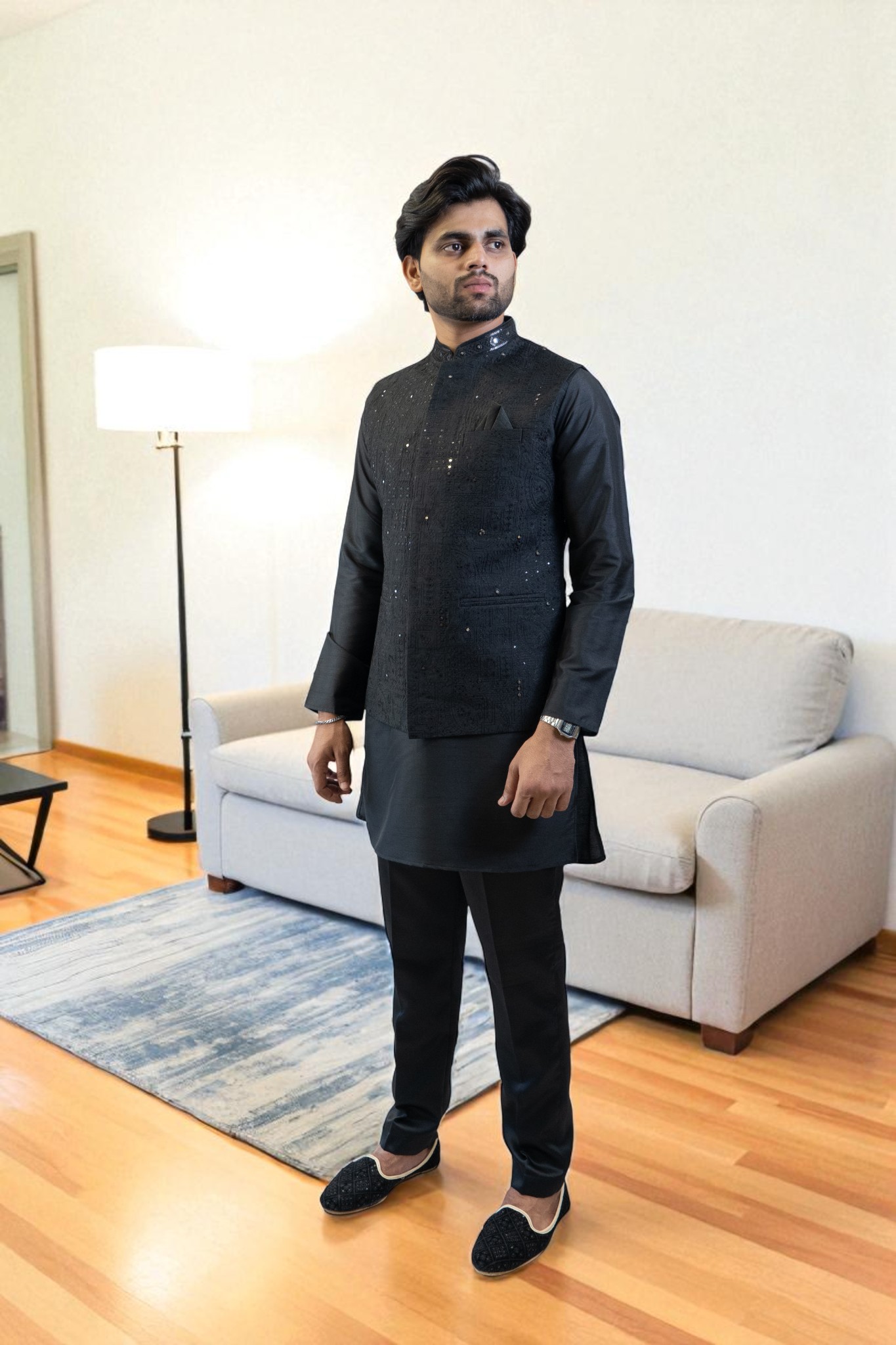 Black Kurta Jacket Set (Cotton Rayon Fabric with Matching Pant) - Image 3