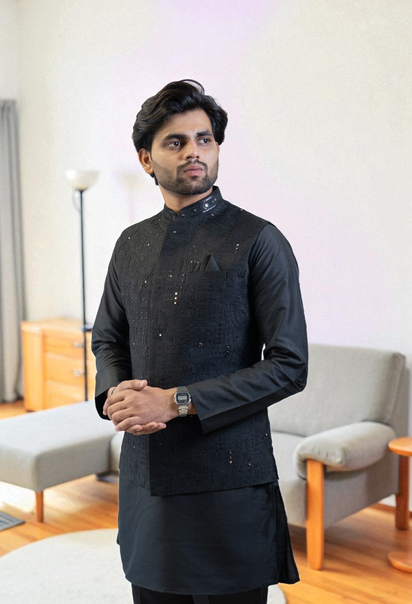 Black Kurta Jacket Set (Cotton Rayon Fabric with Matching Pant)