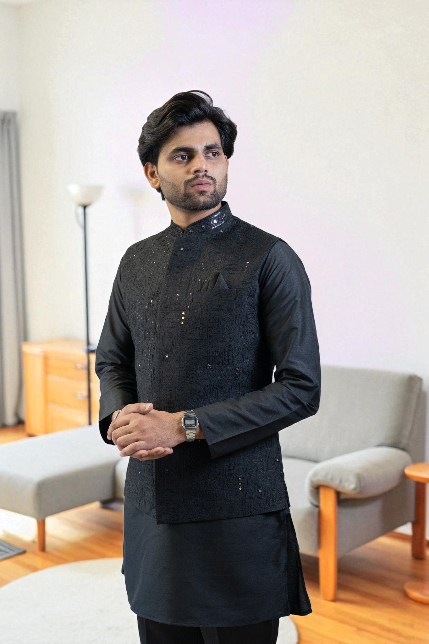 Black Kurta Jacket Set (Cotton Rayon Fabric with Matching Pant)