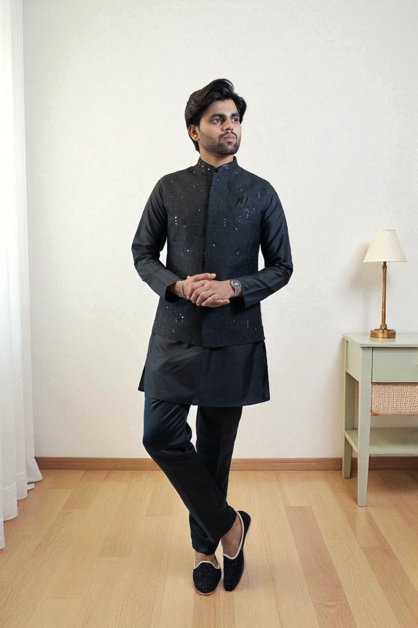 Black Kurta Jacket Set (Cotton Rayon Fabric with Matching Pant) - Image 4