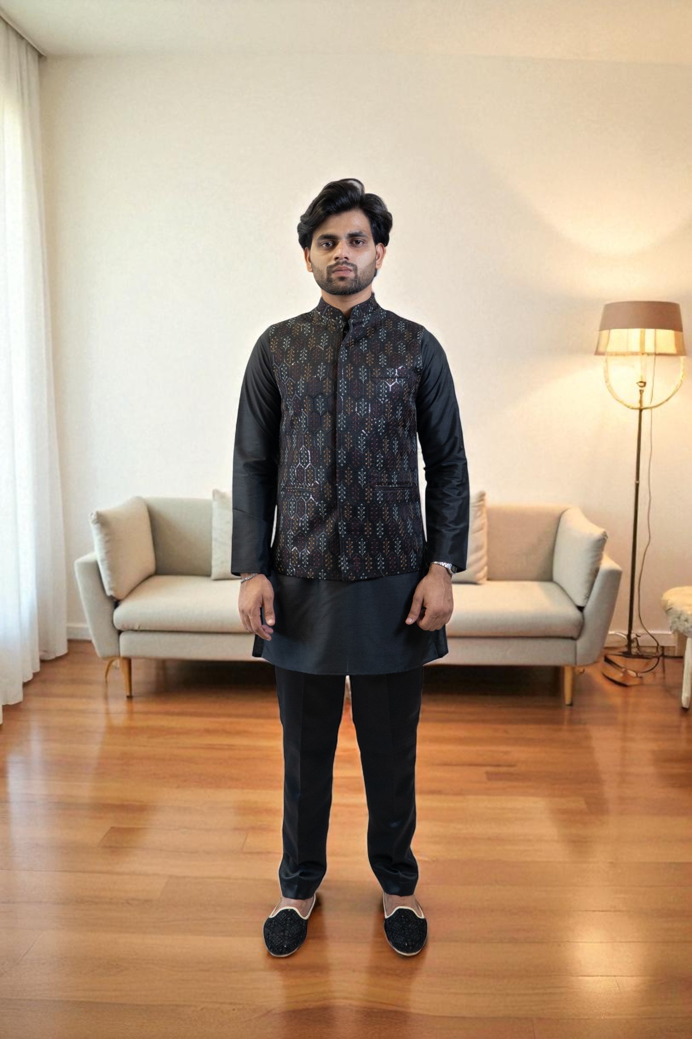 Black Kurta Jacket Set (Cotton Silk Fabric with Regular Fit Pant) - Image 3