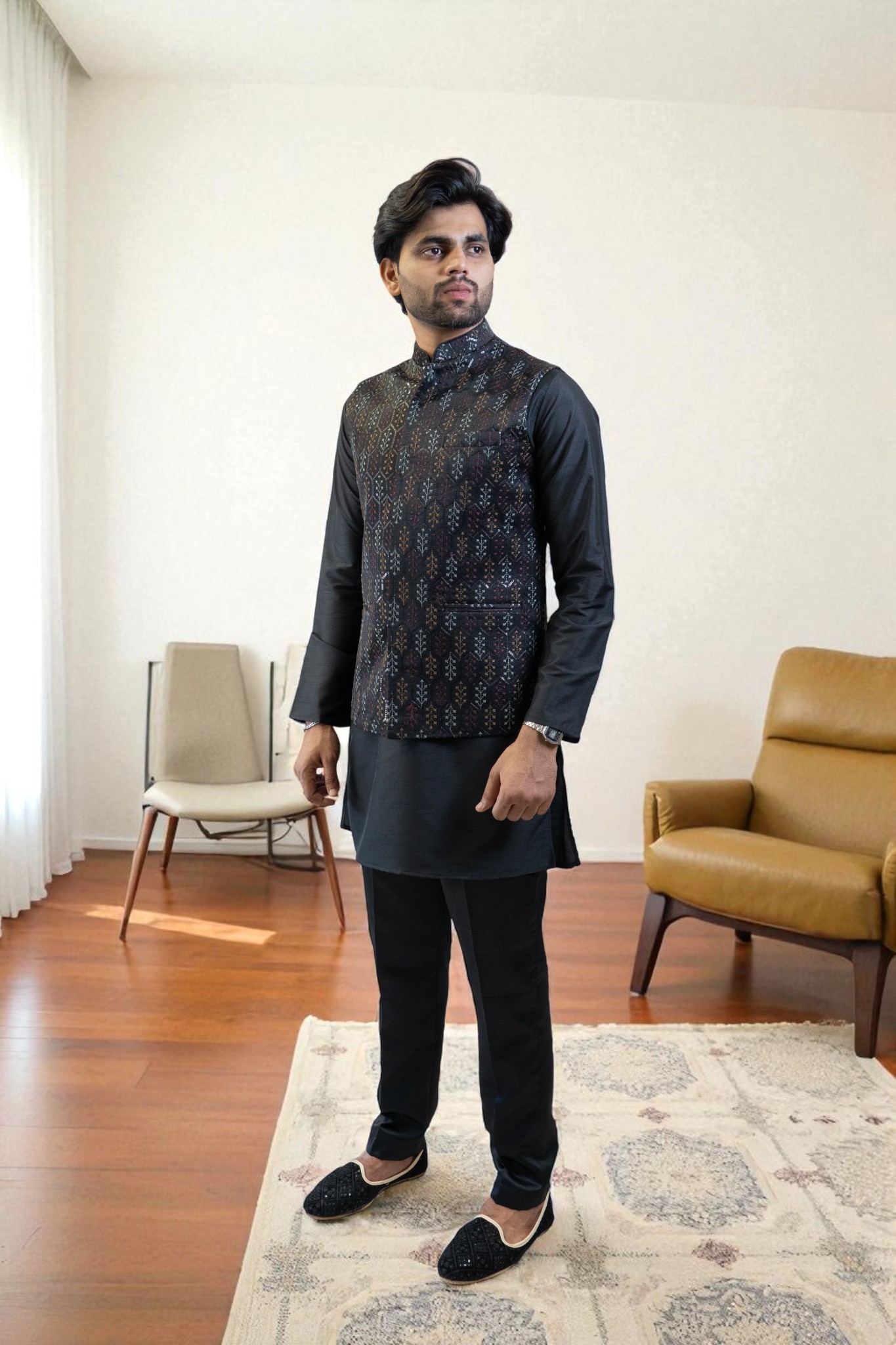 Black Kurta Jacket Set (Cotton Silk Fabric with Regular Fit Pant) - Image 4
