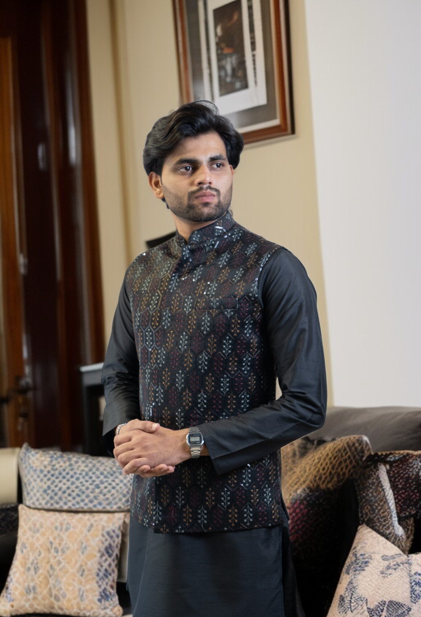 Black Kurta Jacket Set (Cotton Silk Fabric with Regular Fit Pant)