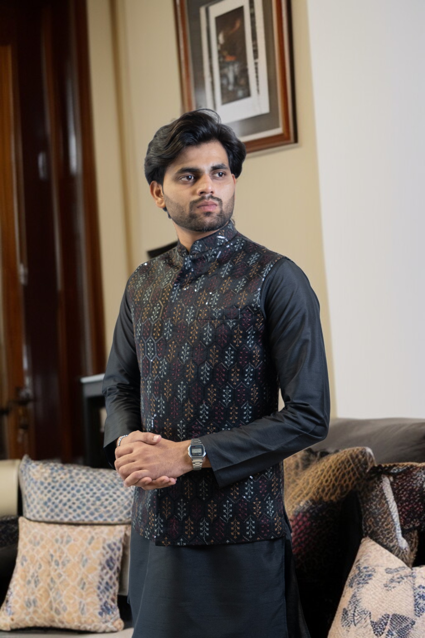 Black Kurta Jacket Set (Cotton Silk Fabric with Regular Fit Pant)