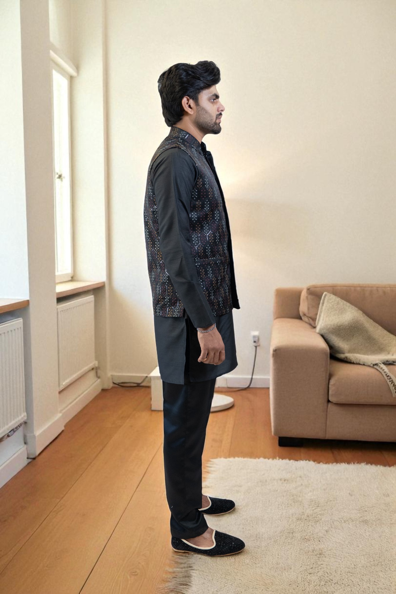 Black Kurta Jacket Set (Cotton Silk Fabric with Regular Fit Pant) - Image 6