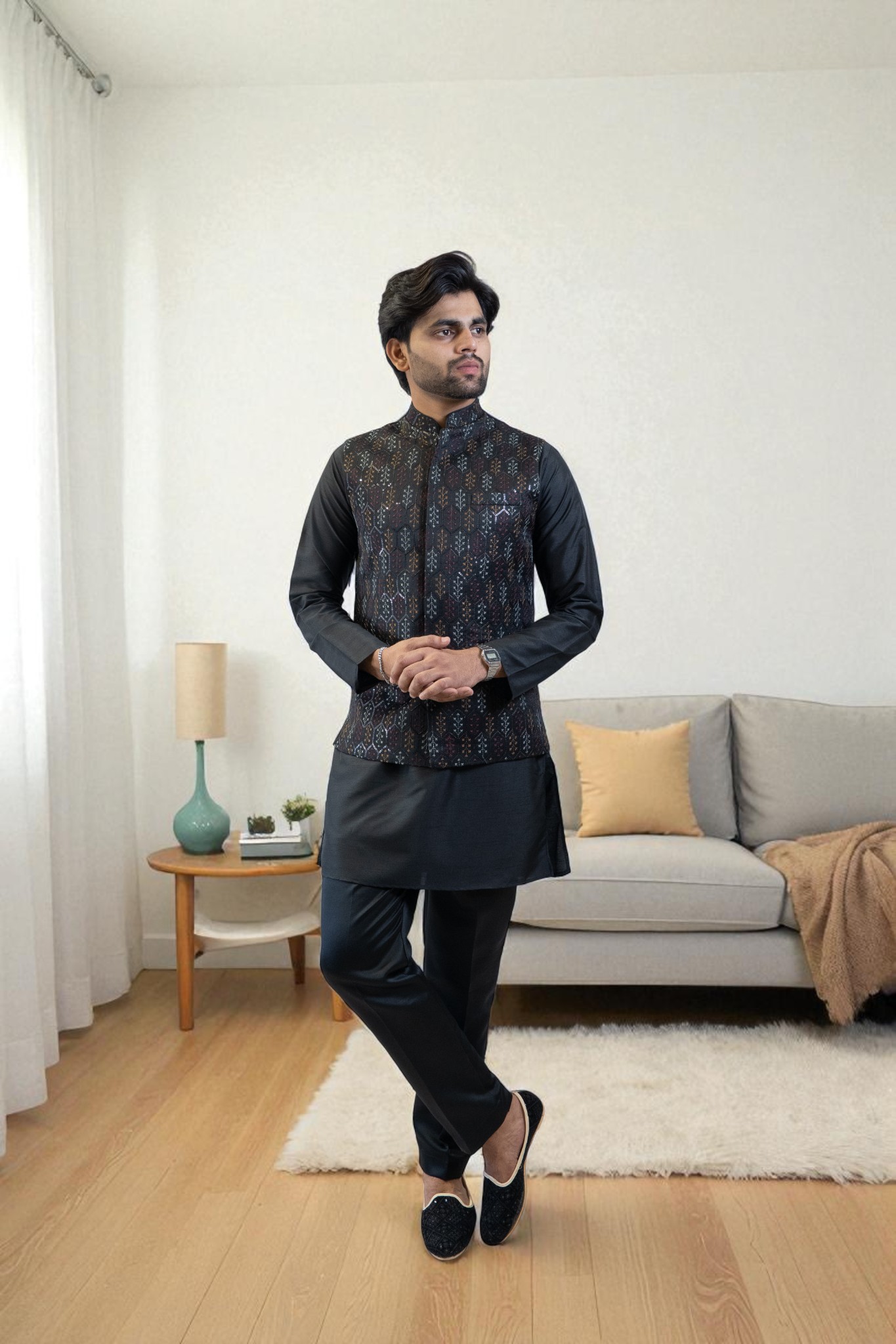 Black Kurta Jacket Set (Cotton Silk Fabric with Regular Fit Pant) - Image 5