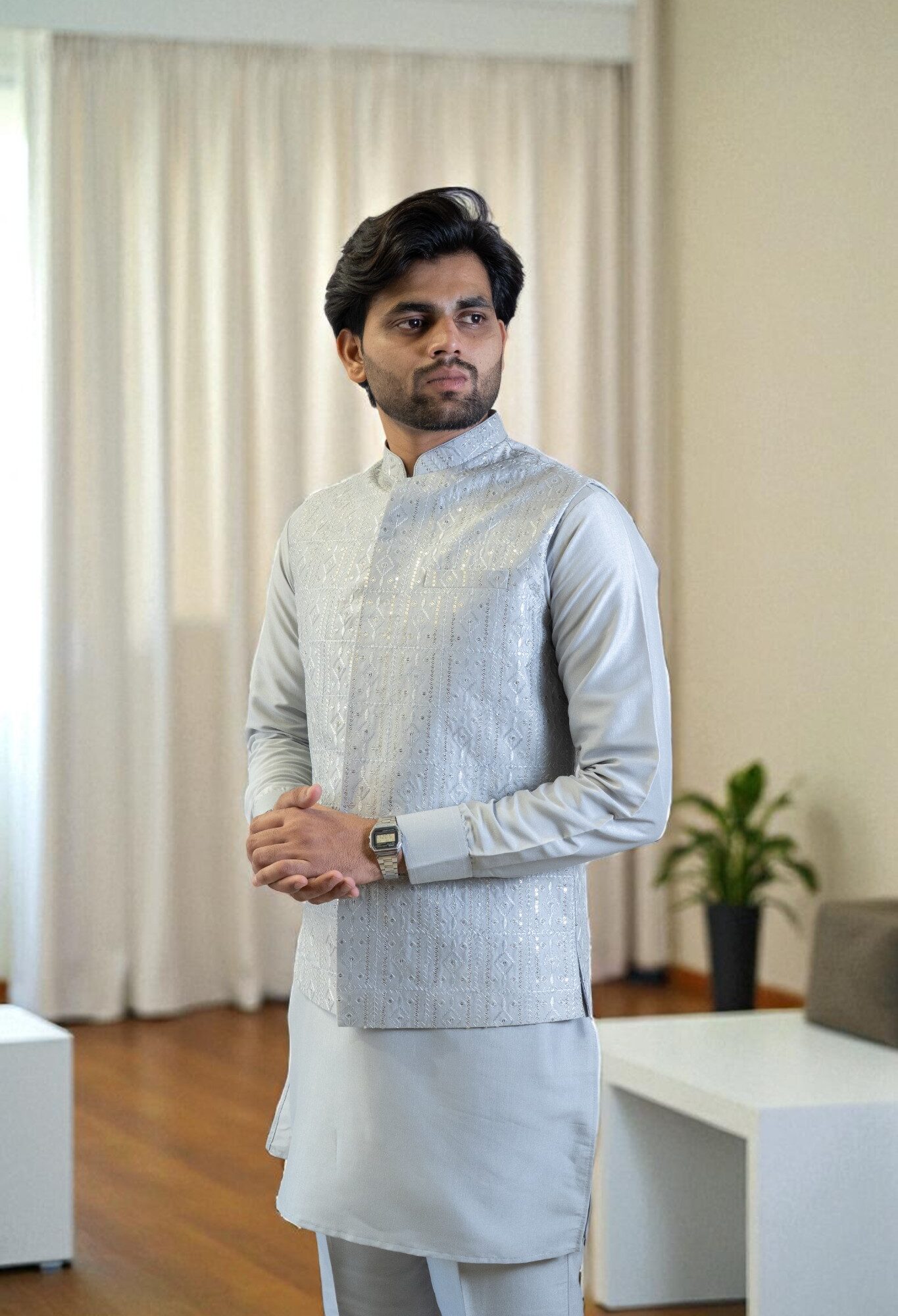 Grey Kurta Jacket Set with Sequin Embroidery – Cotton Silk Fabric