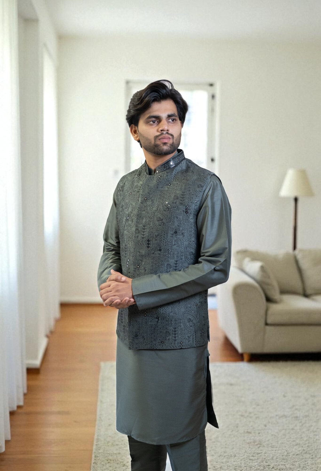 Dark Grey Kurta Jacket Set with Sequin & Mini Glass Work (Cotton Silk Fabric)