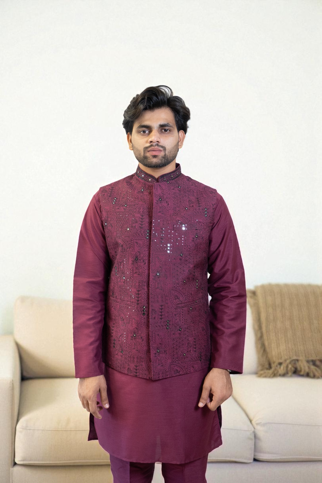 Maroon Kurta Jacket Set with Sequin & Mini Glass Work (Cotton Silk Fabric) - Image 3