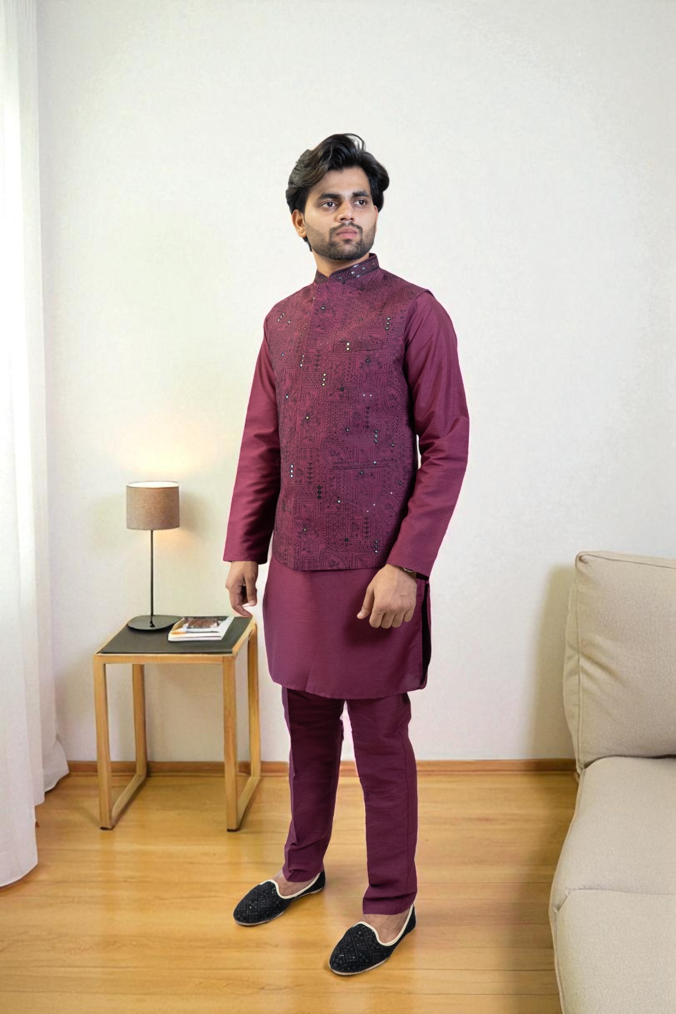 Maroon Kurta Jacket Set with Sequin & Mini Glass Work (Cotton Silk Fabric) - Image 2