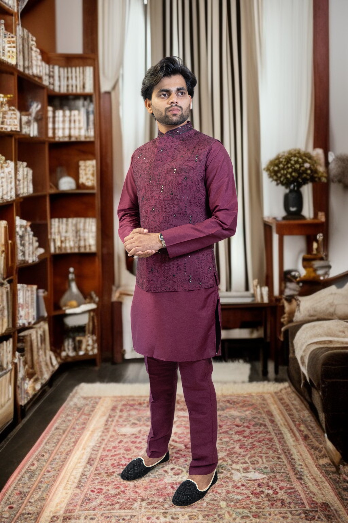 Maroon Kurta Jacket Set with Sequin & Mini Glass Work (Cotton Silk Fabric) - Image 5