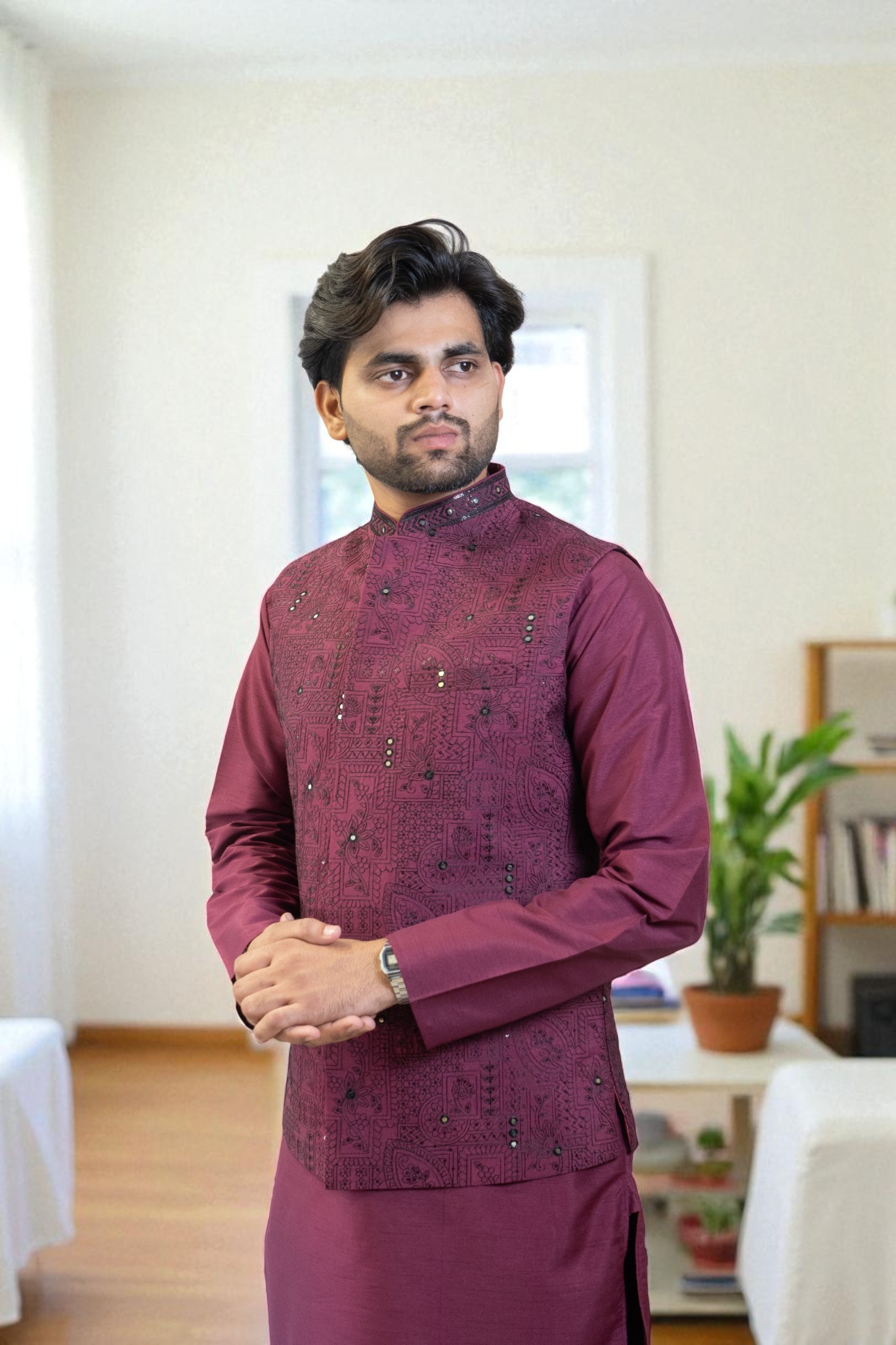 Maroon Kurta Jacket Set with Sequin & Mini Glass Work (Cotton Silk Fabric)