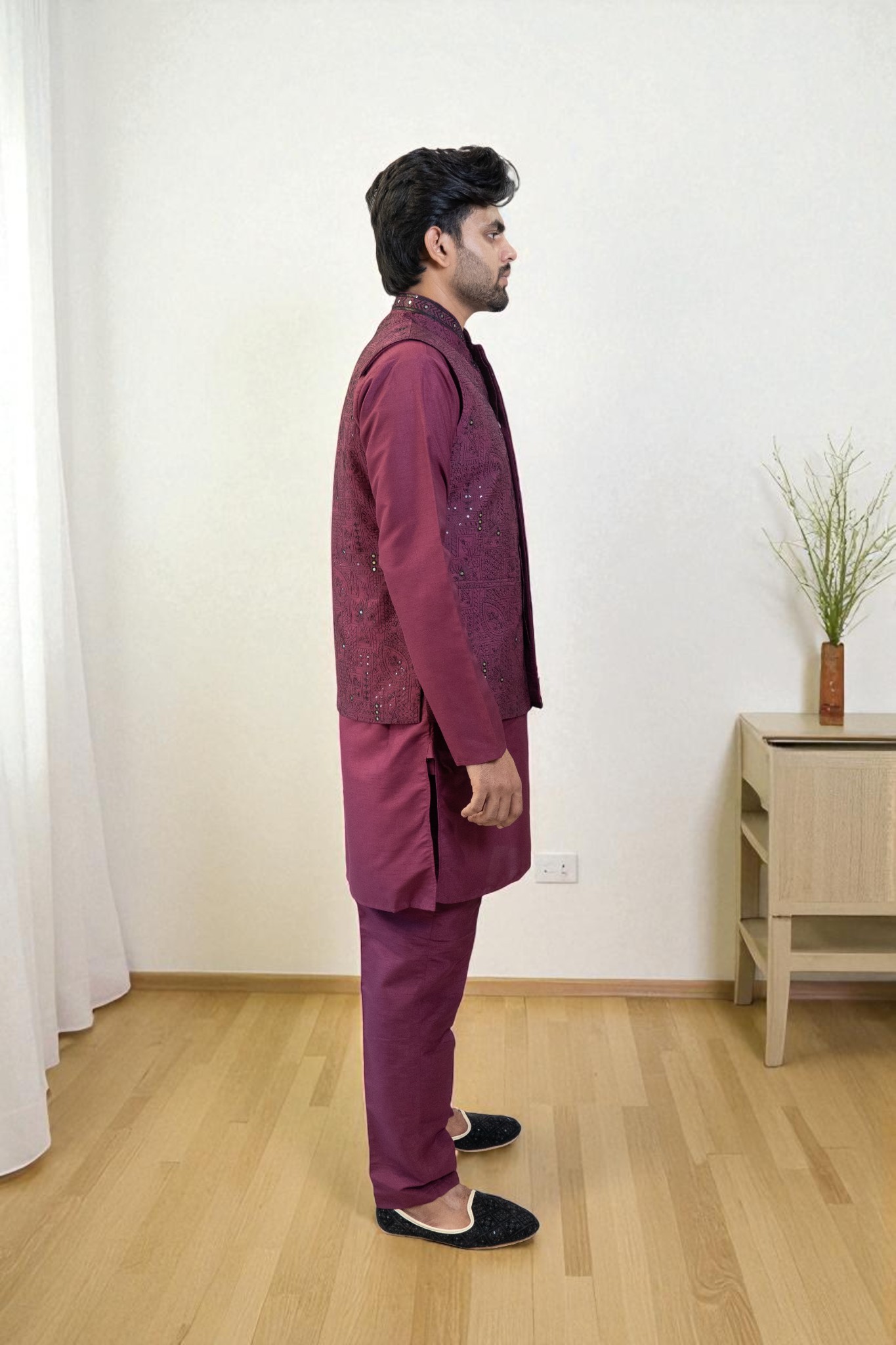 Maroon Kurta Jacket Set with Sequin & Mini Glass Work (Cotton Silk Fabric) - Image 4