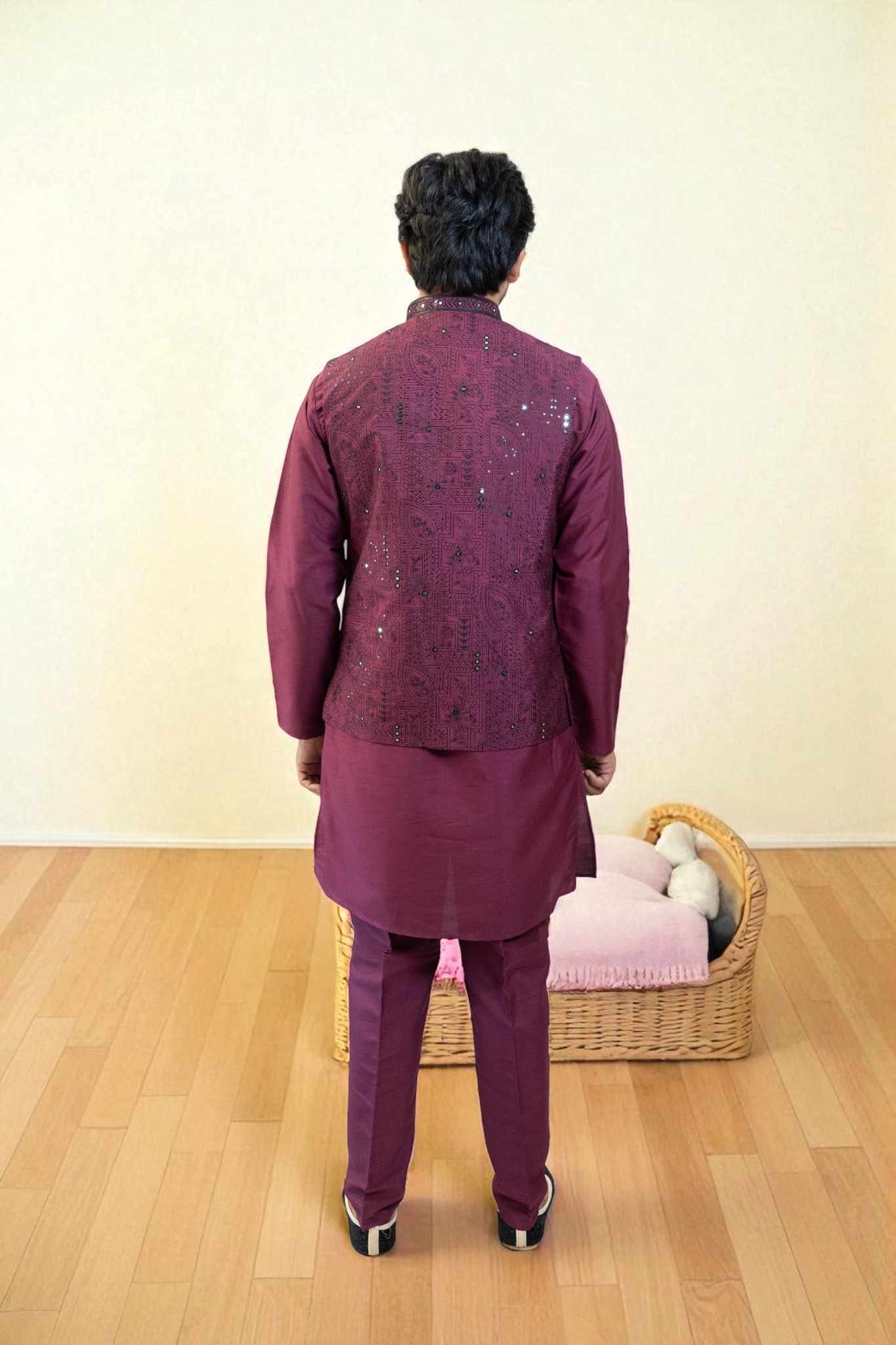 Maroon Kurta Jacket Set with Sequin & Mini Glass Work (Cotton Silk Fabric) - Image 6