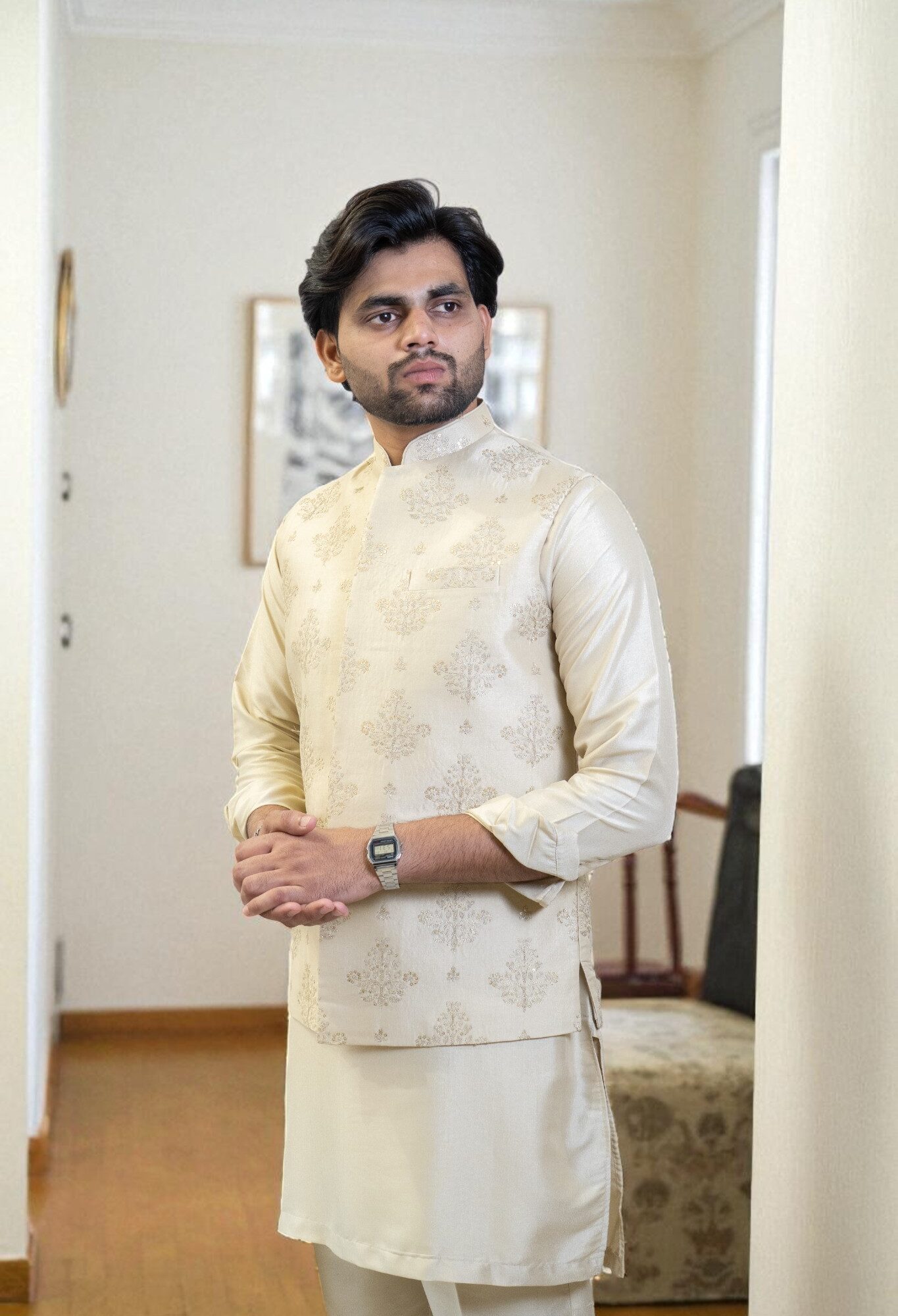Cream Kurta Jacket Set with Golden Flower Embroidery & Matching Pant (Cotton Silk Fabric)
