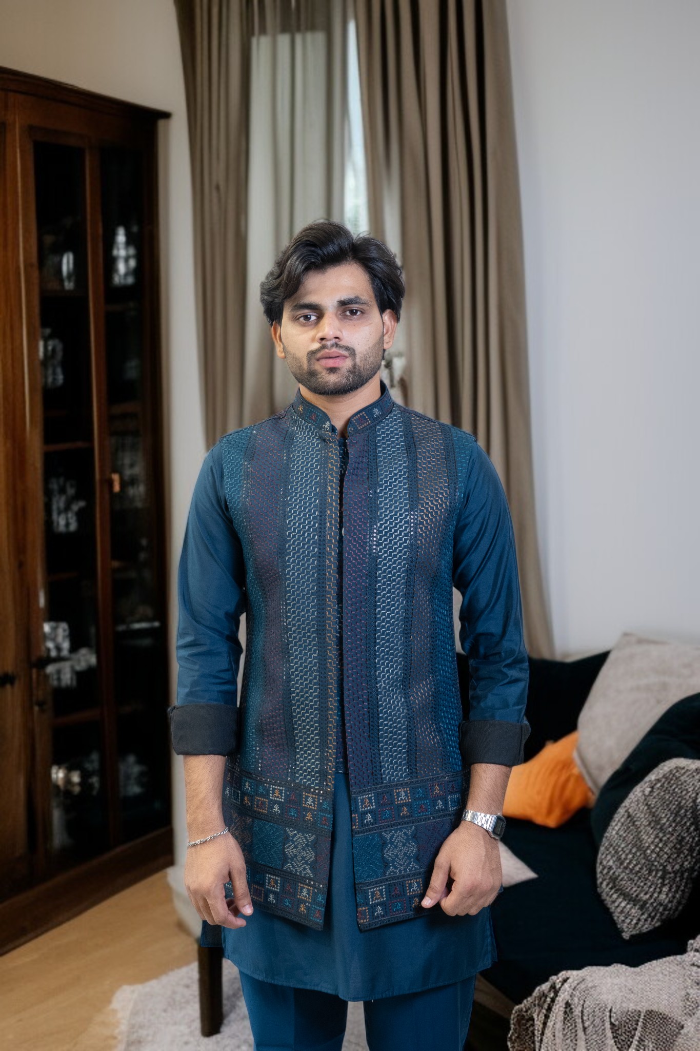 Blue Kurta Jacket Set – Sharq Style with Paint & Sequins Design - Image 4