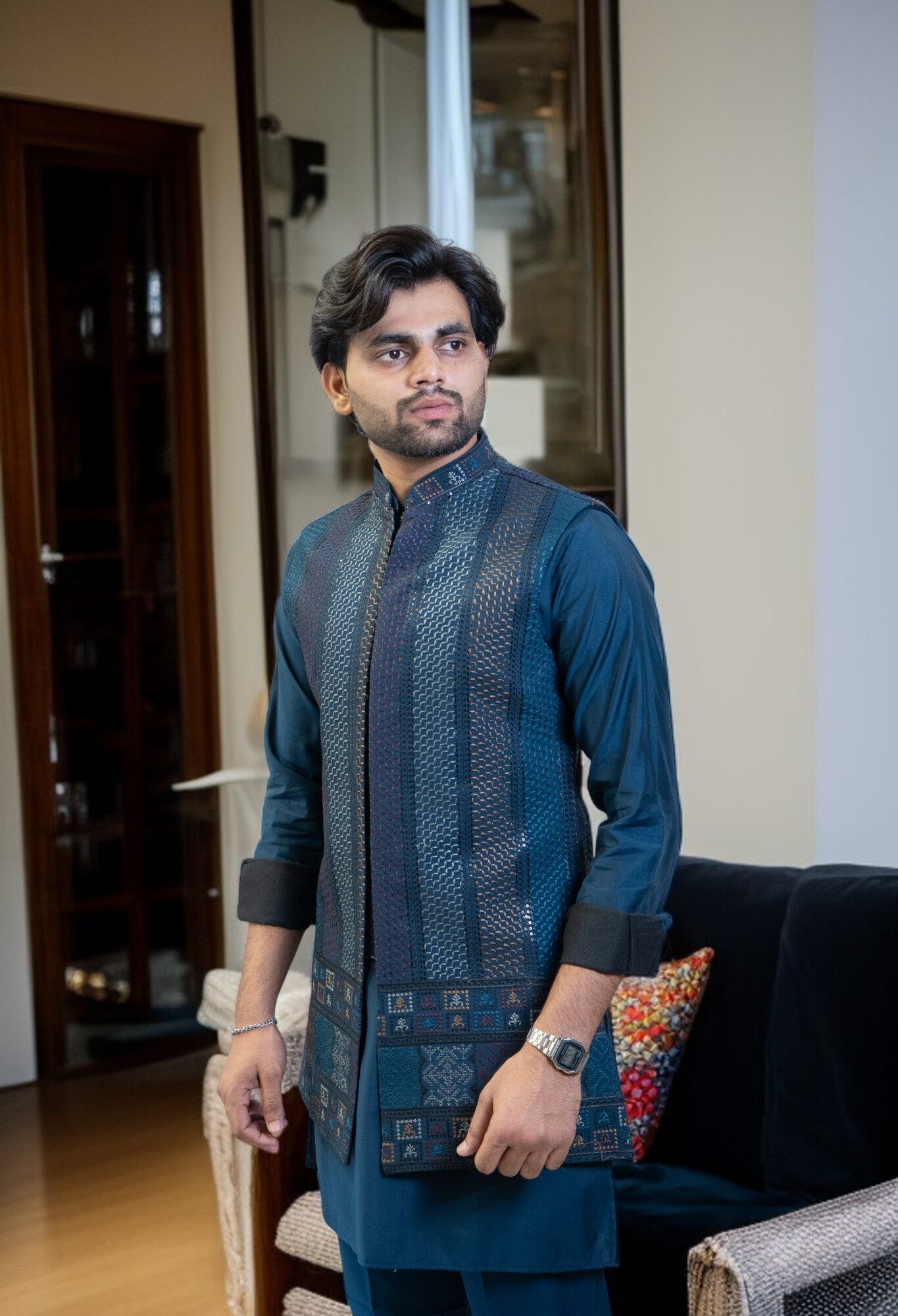 Blue Kurta Jacket Set – Sharq Style with Paint & Sequins Design