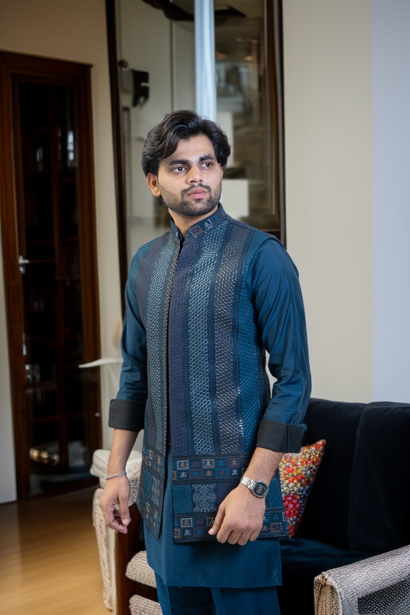 Blue Kurta Jacket Set – Sharq Style with Paint & Sequins Design