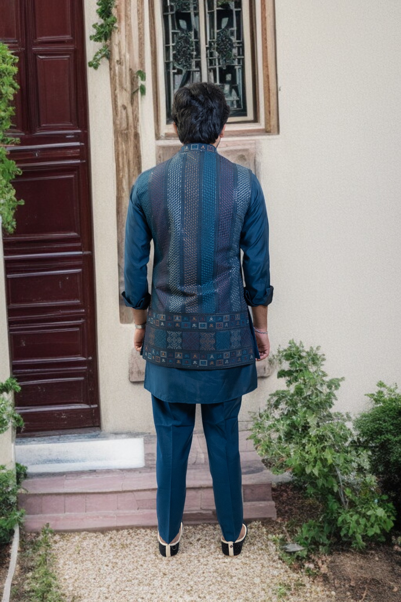 Blue Kurta Jacket Set – Sharq Style with Paint & Sequins Design - Image 7