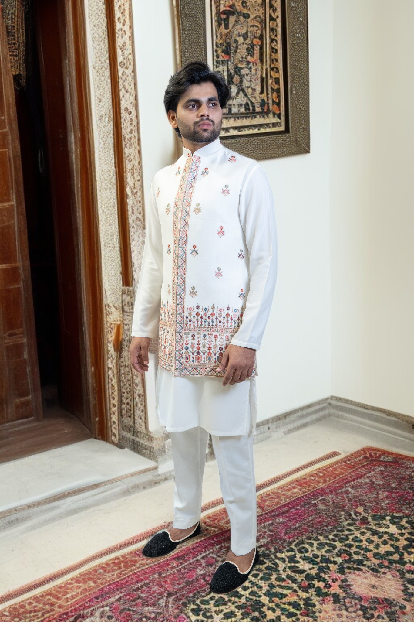 White Kurta Jacket Set – Sharq Style with Multi-Color Paint Embroidery - Image 3