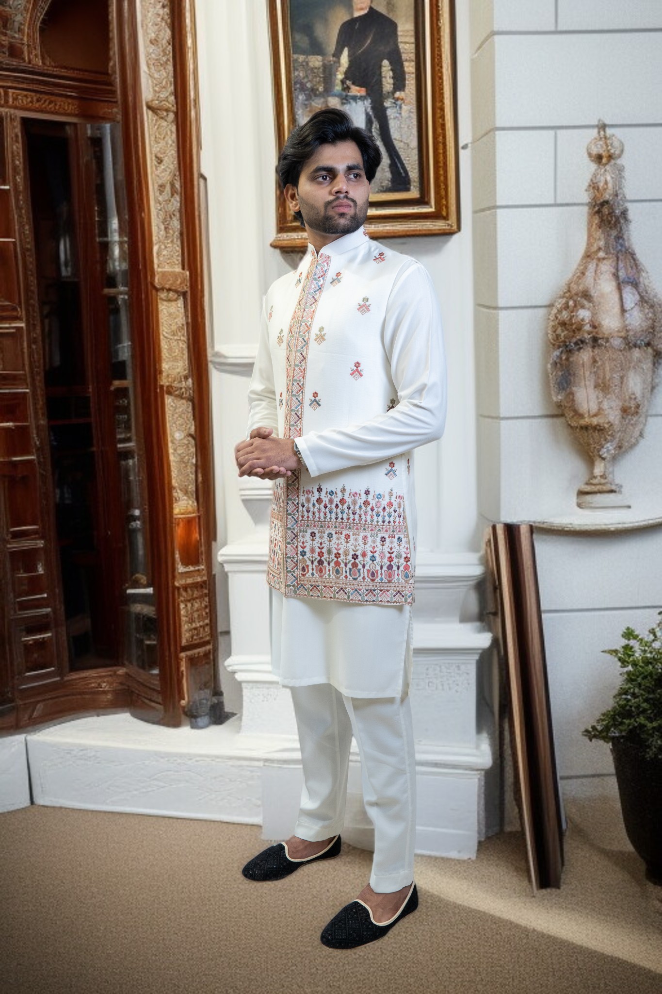 White Kurta Jacket Set – Sharq Style with Multi-Color Paint Embroidery - Image 5