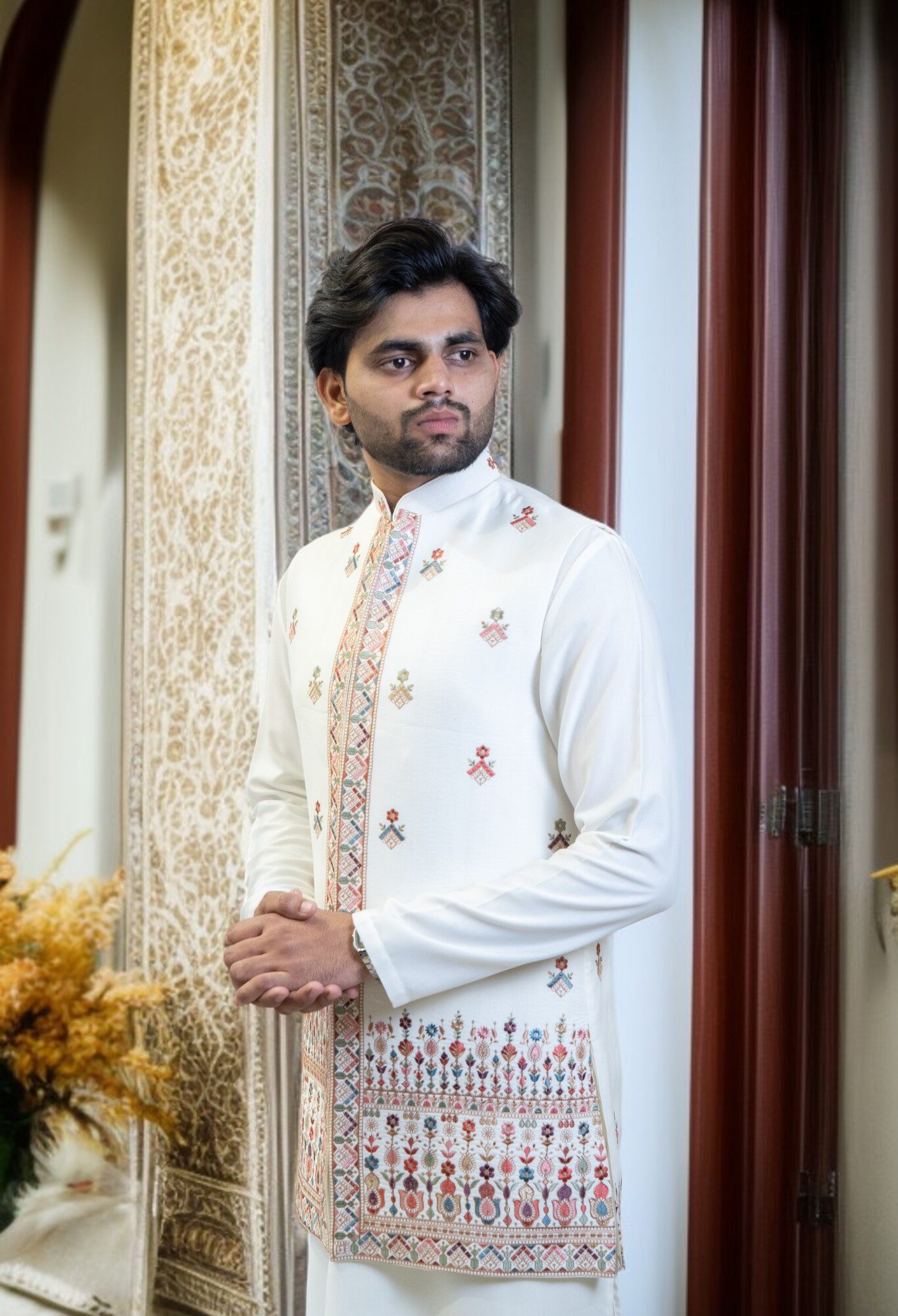 White Kurta Jacket Set – Sharq Style with Multi-Color Paint Embroidery