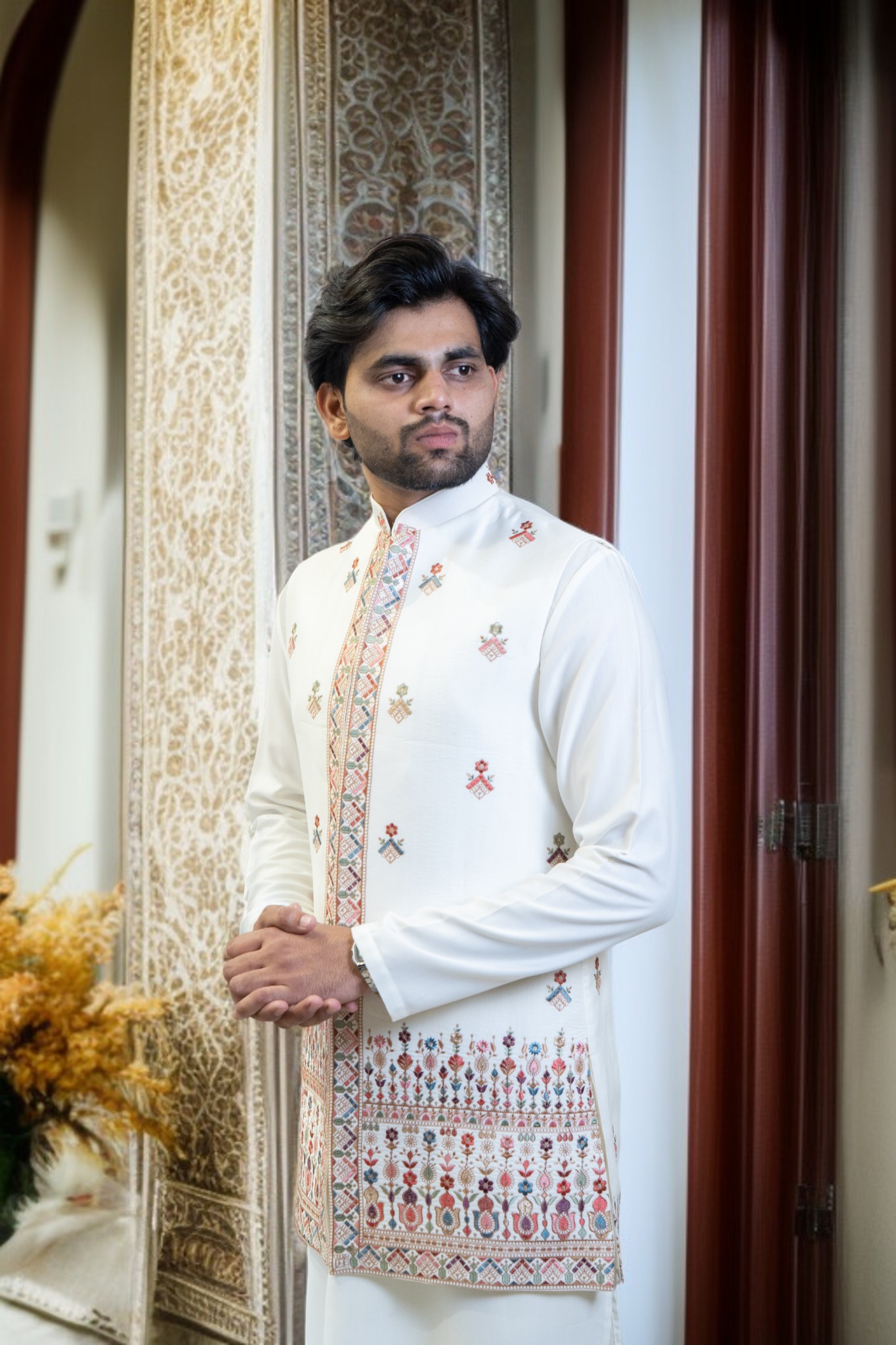 White Kurta Jacket Set – Sharq Style with Multi-Color Paint Embroidery