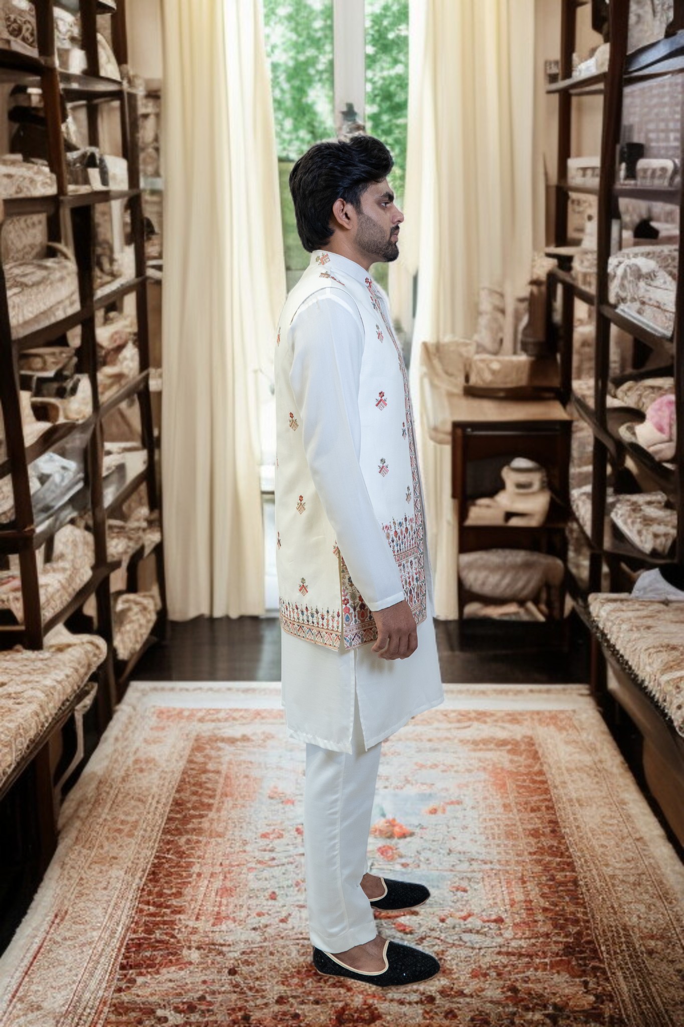 White Kurta Jacket Set – Sharq Style with Multi-Color Paint Embroidery - Image 4