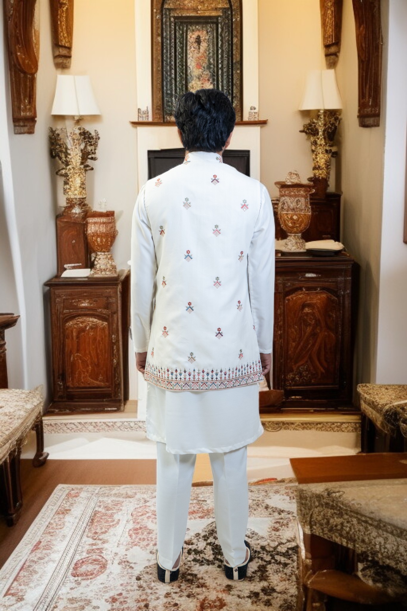 White Kurta Jacket Set – Sharq Style with Multi-Color Paint Embroidery - Image 6