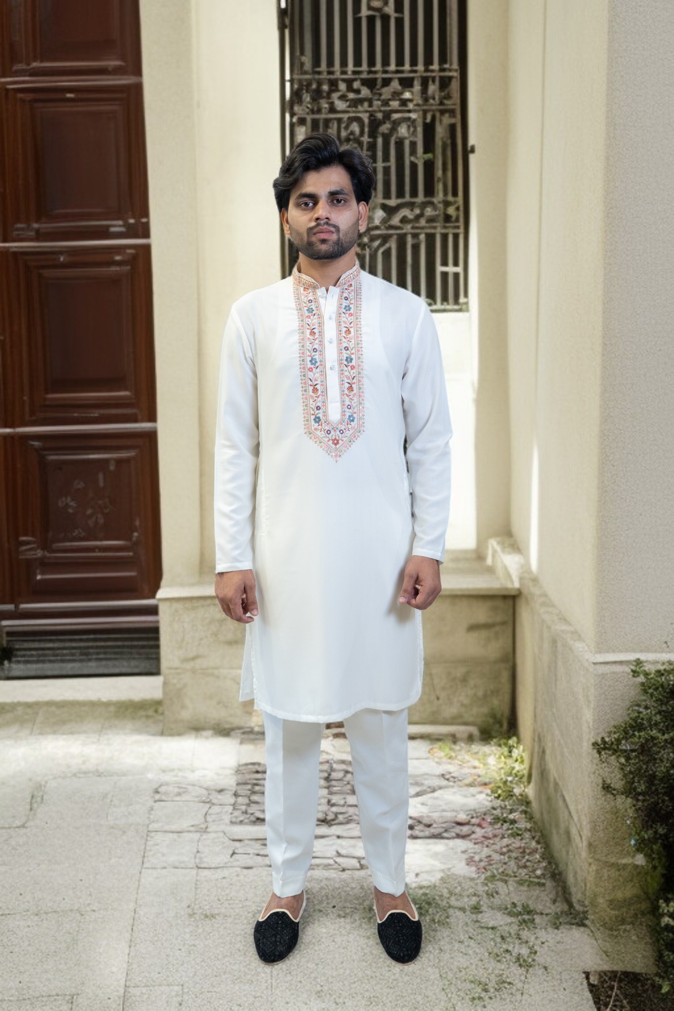 White Kurta Jacket Set – Sharq Style with Multi-Color Paint Embroidery - Image 2