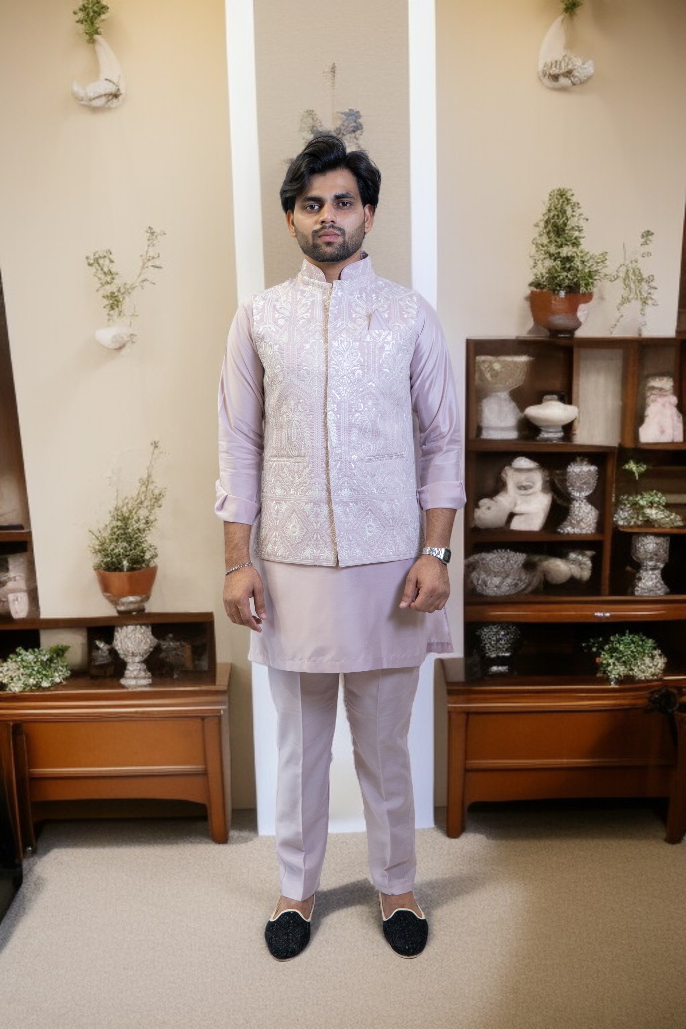 Lavender Kurta Jacket Set – Sharq Style with Paint-Style Embroidery - Image 2