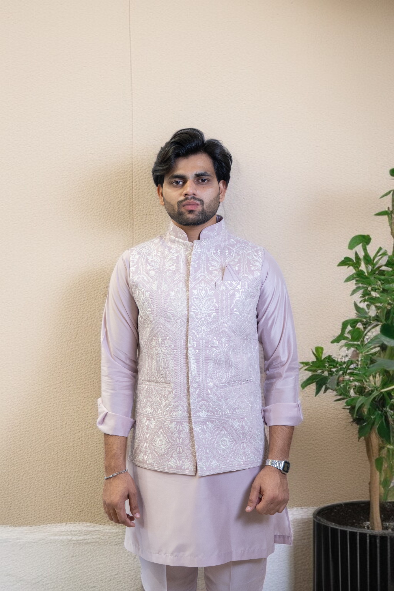 Lavender Kurta Jacket Set – Sharq Style with Paint-Style Embroidery - Image 5