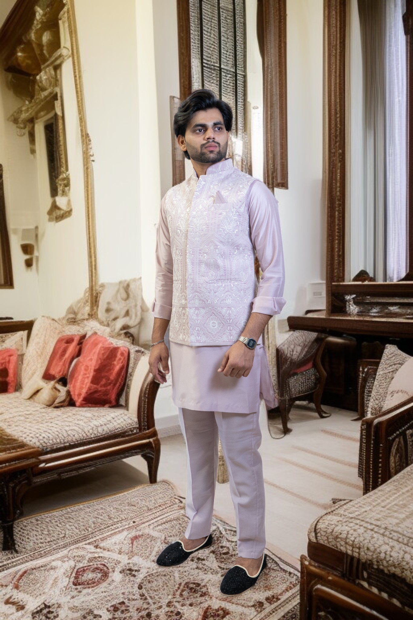 Lavender Kurta Jacket Set – Sharq Style with Paint-Style Embroidery - Image 3