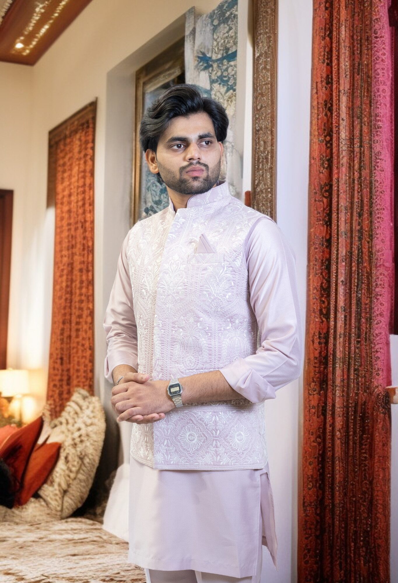 Lavender Kurta Jacket Set – Sharq Style with Paint-Style Embroidery