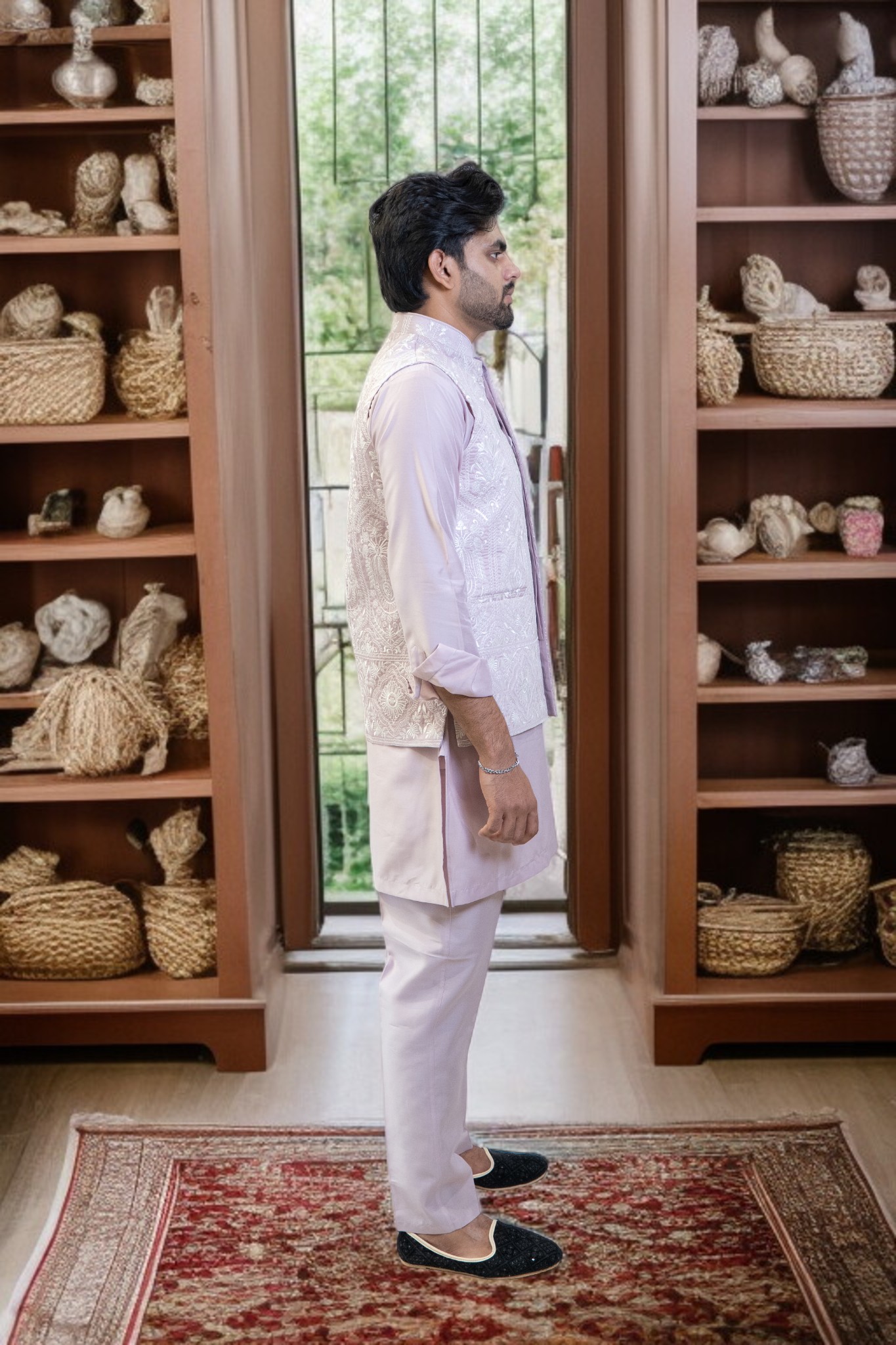 Lavender Kurta Jacket Set – Sharq Style with Paint-Style Embroidery - Image 4