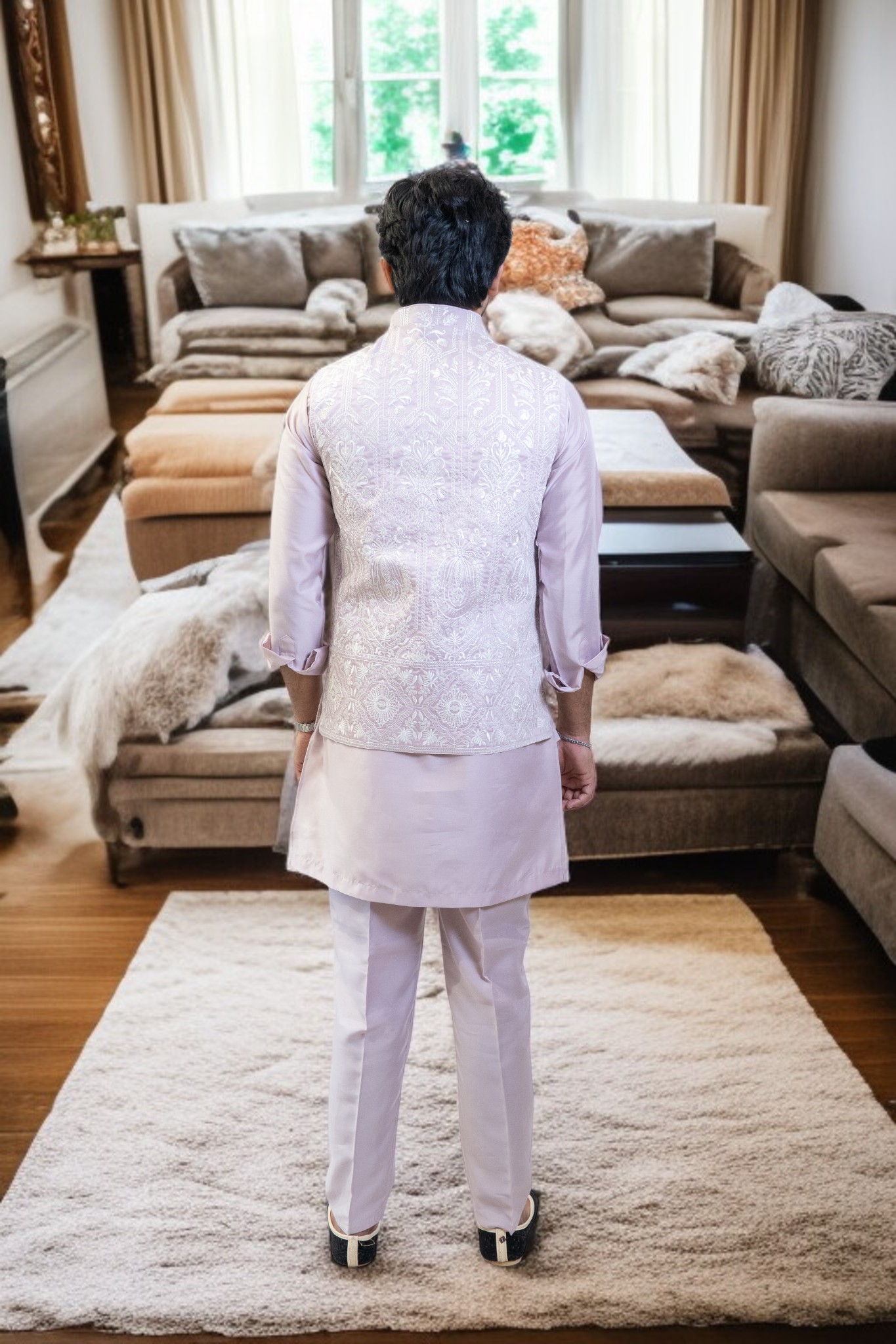 Lavender Kurta Jacket Set – Sharq Style with Paint-Style Embroidery - Image 6