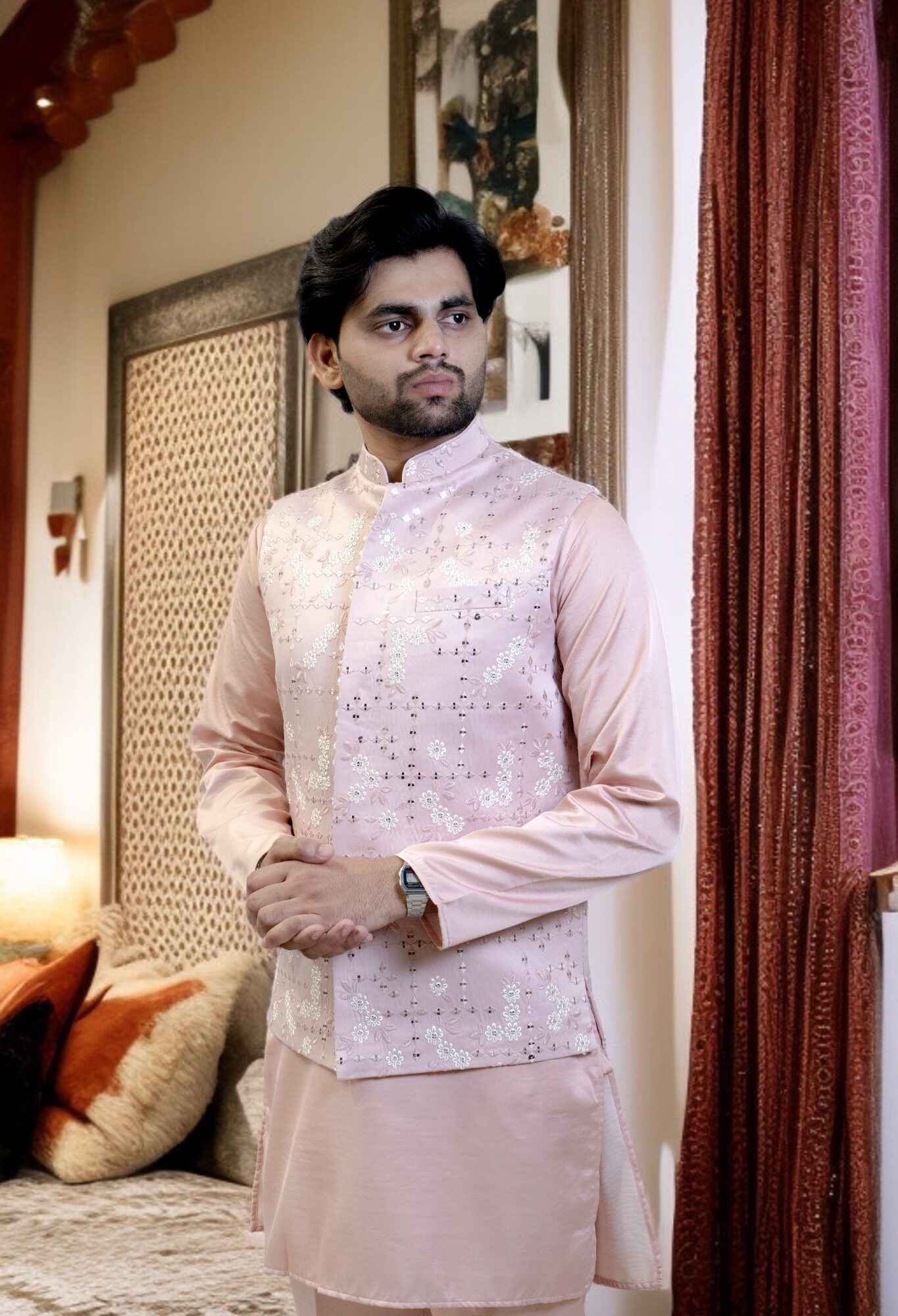 Baby Pink Kurta Jacket Set – Elegant Paint-Style Embroidery