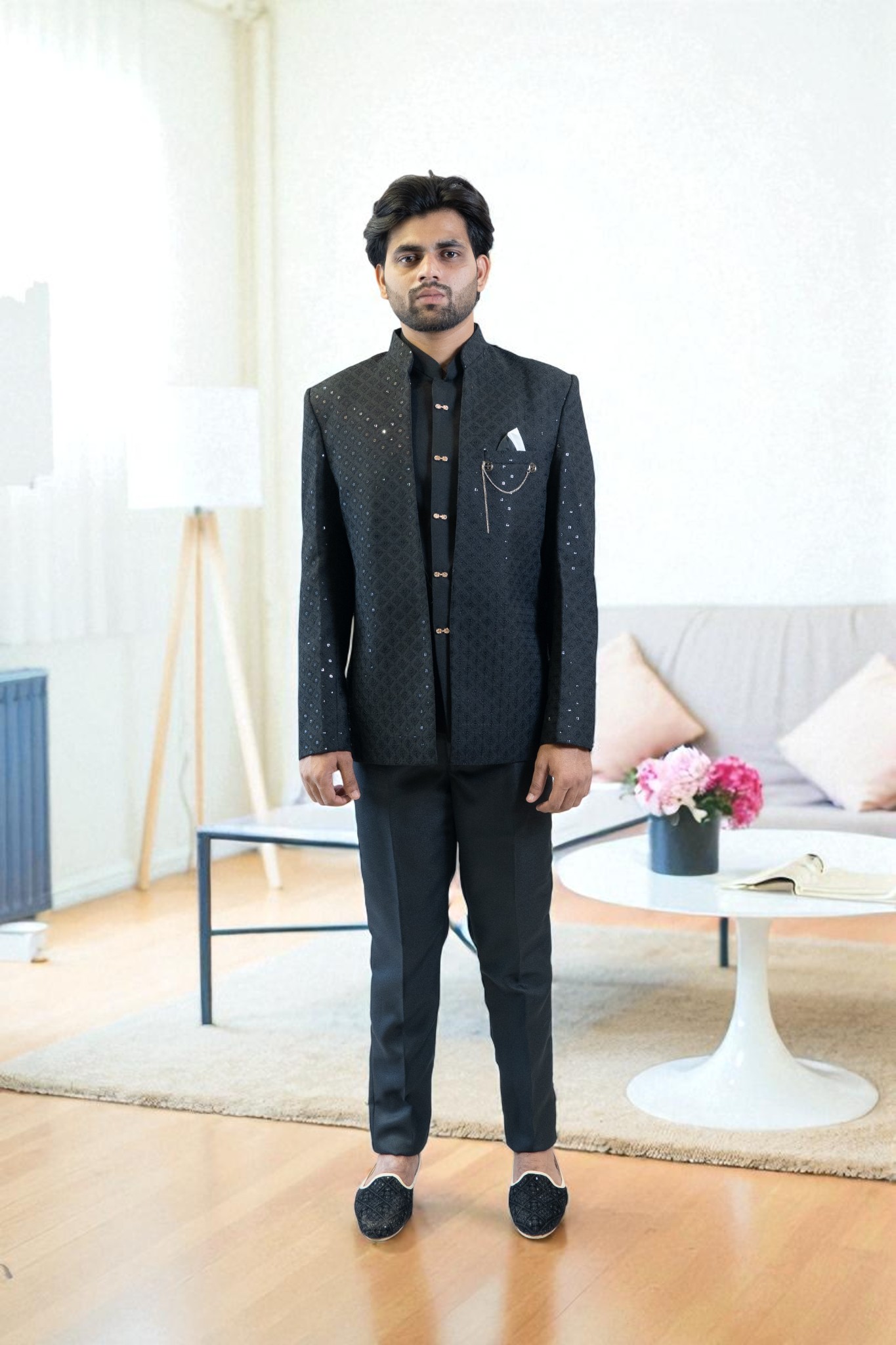Black Jodhpuri Suit – Sequin Design & Comfortable Fit - Image 2
