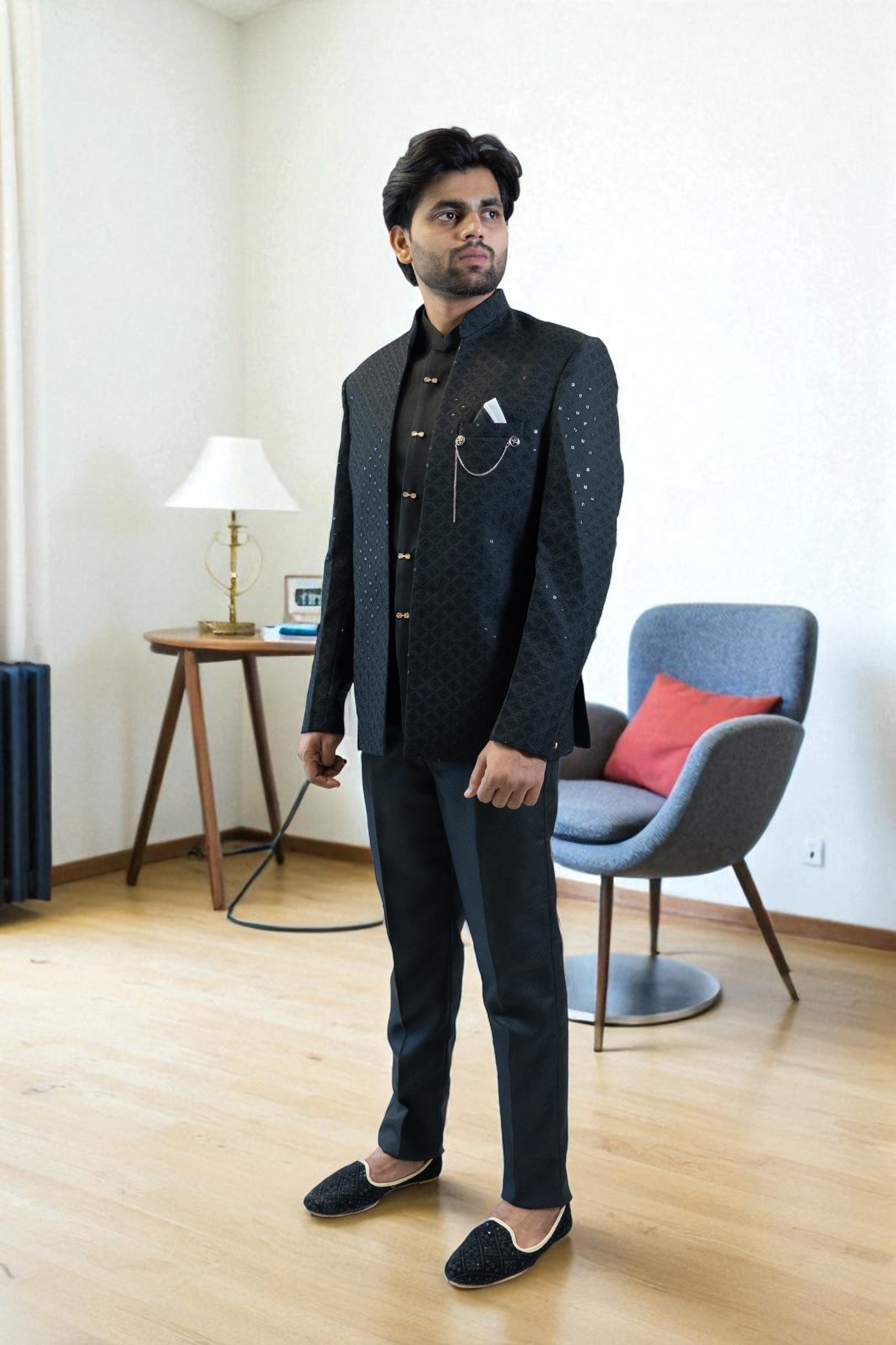 Black Jodhpuri Suit – Sequin Design & Comfortable Fit - Image 3