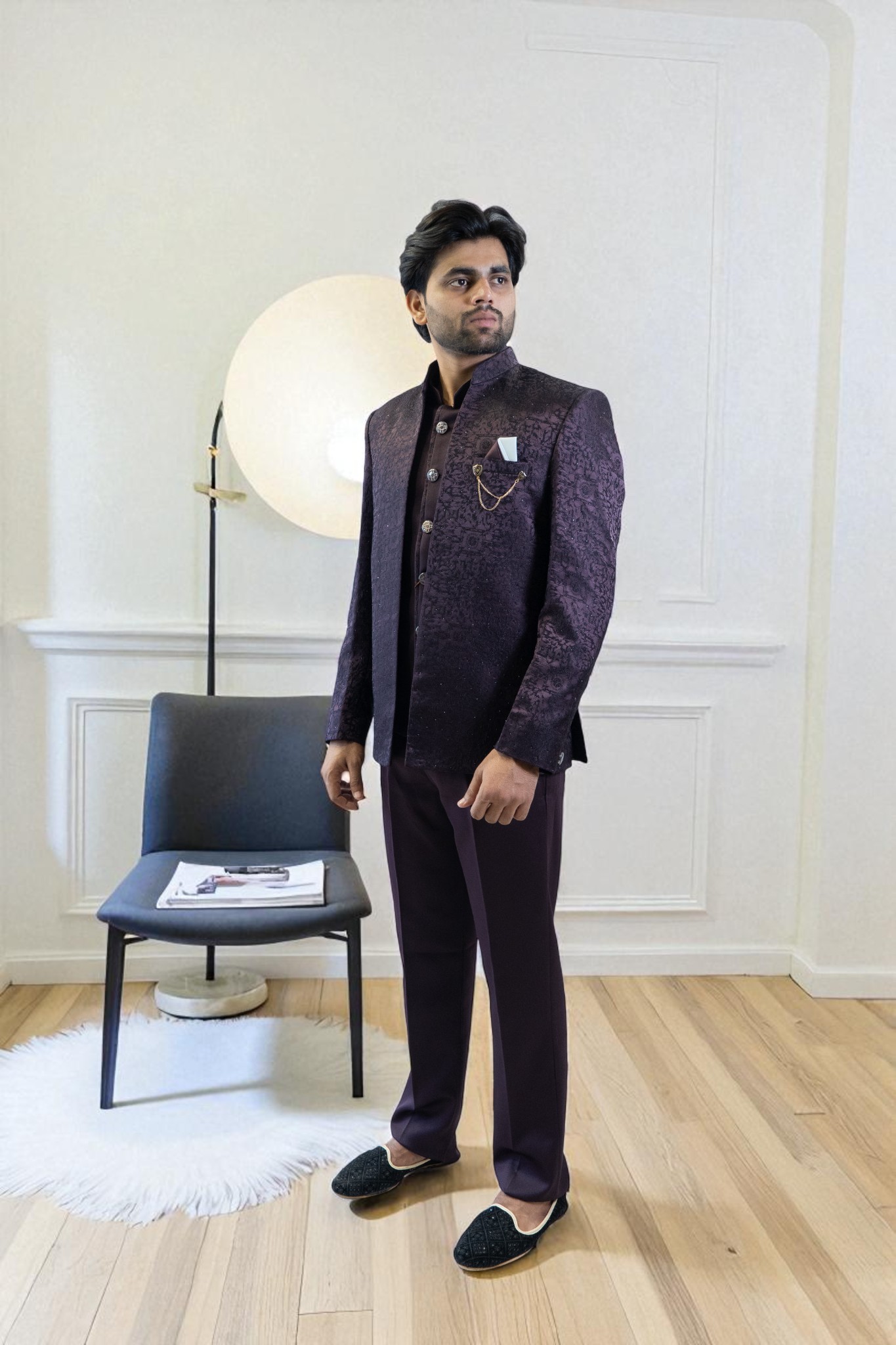 Wine Jodhpuri Suit – Thread Work Design - Image 2