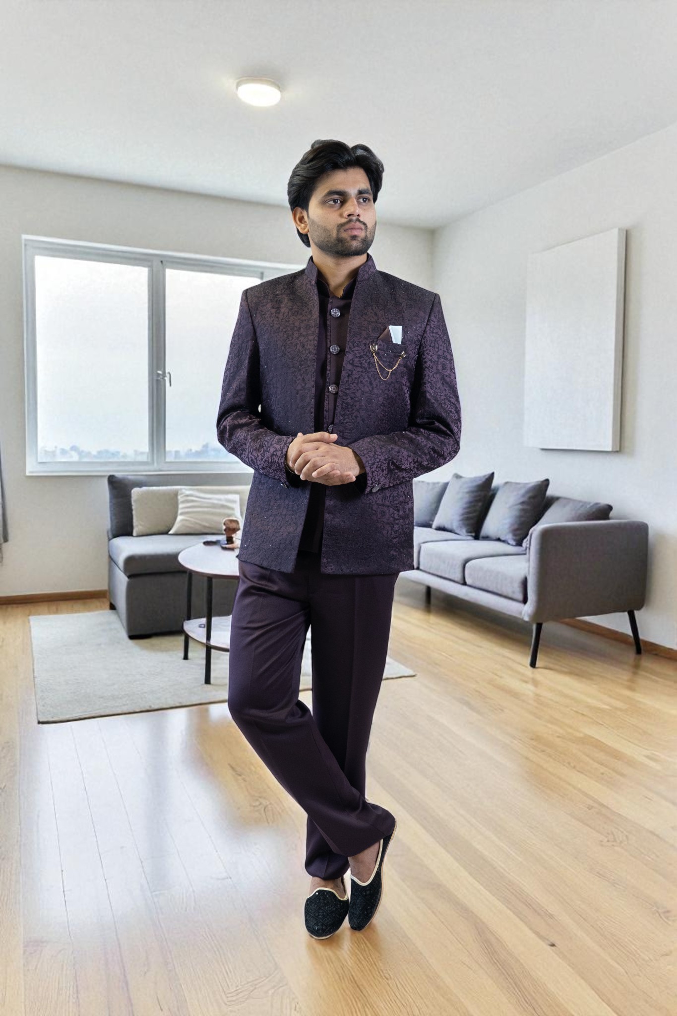Wine Jodhpuri Suit – Thread Work Design - Image 3