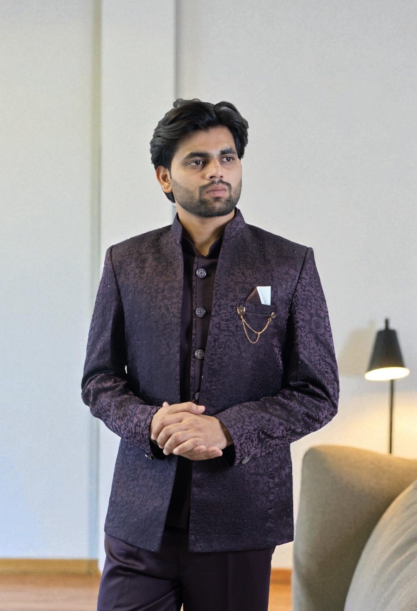 Wine Jodhpuri Suit – Thread Work Design