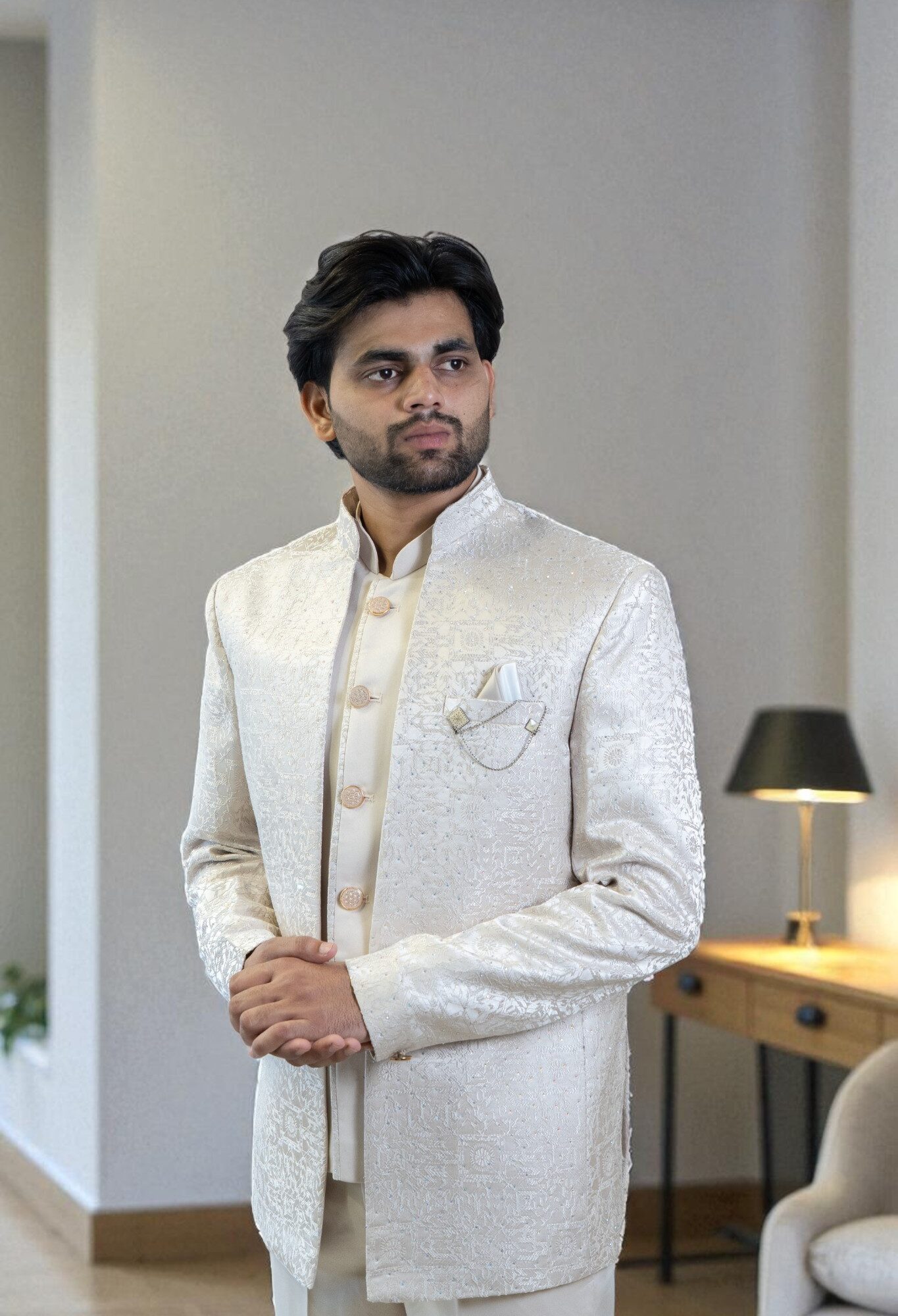 Cream Jodhpuri Suit – Self-Print Design