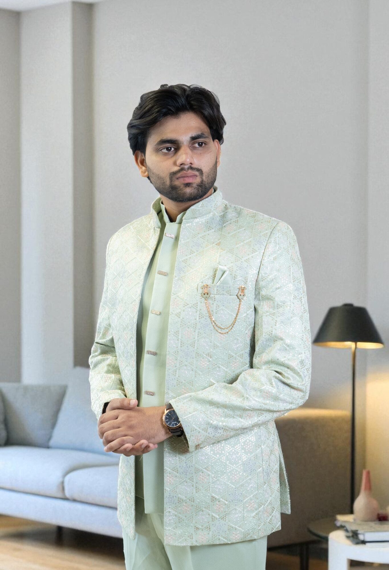 Pista Green Jodhpuri Suit – Sequin Design