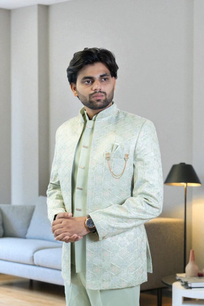 Pista Green Jodhpuri Suit  Sequin Design - Sharma brothers ethnic