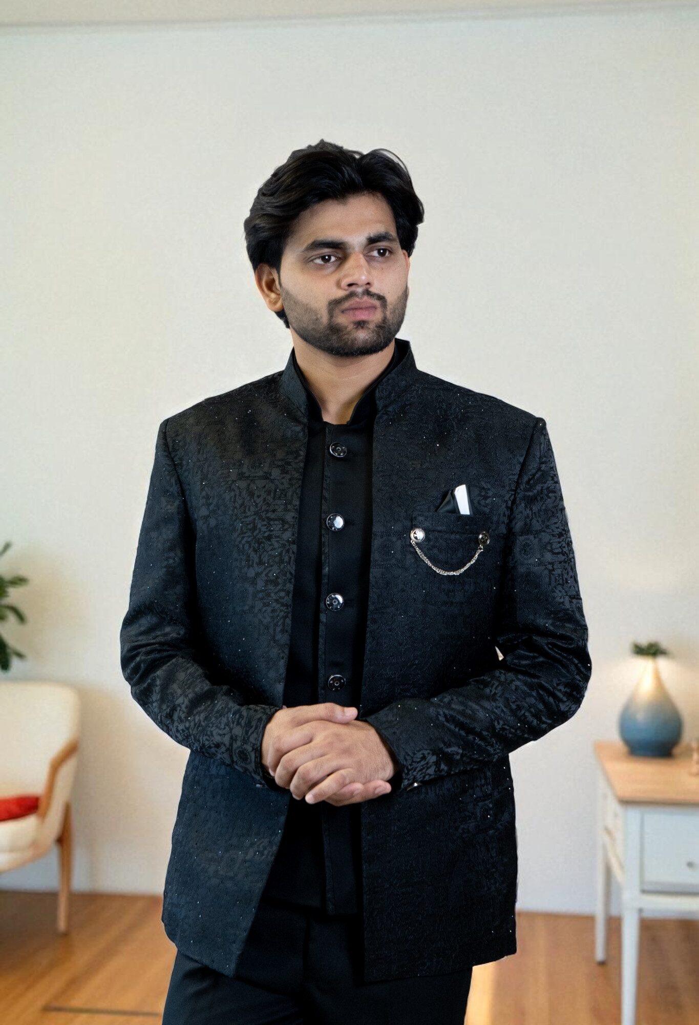 Black Jodhpuri Suit – Embroidery Tree Design
