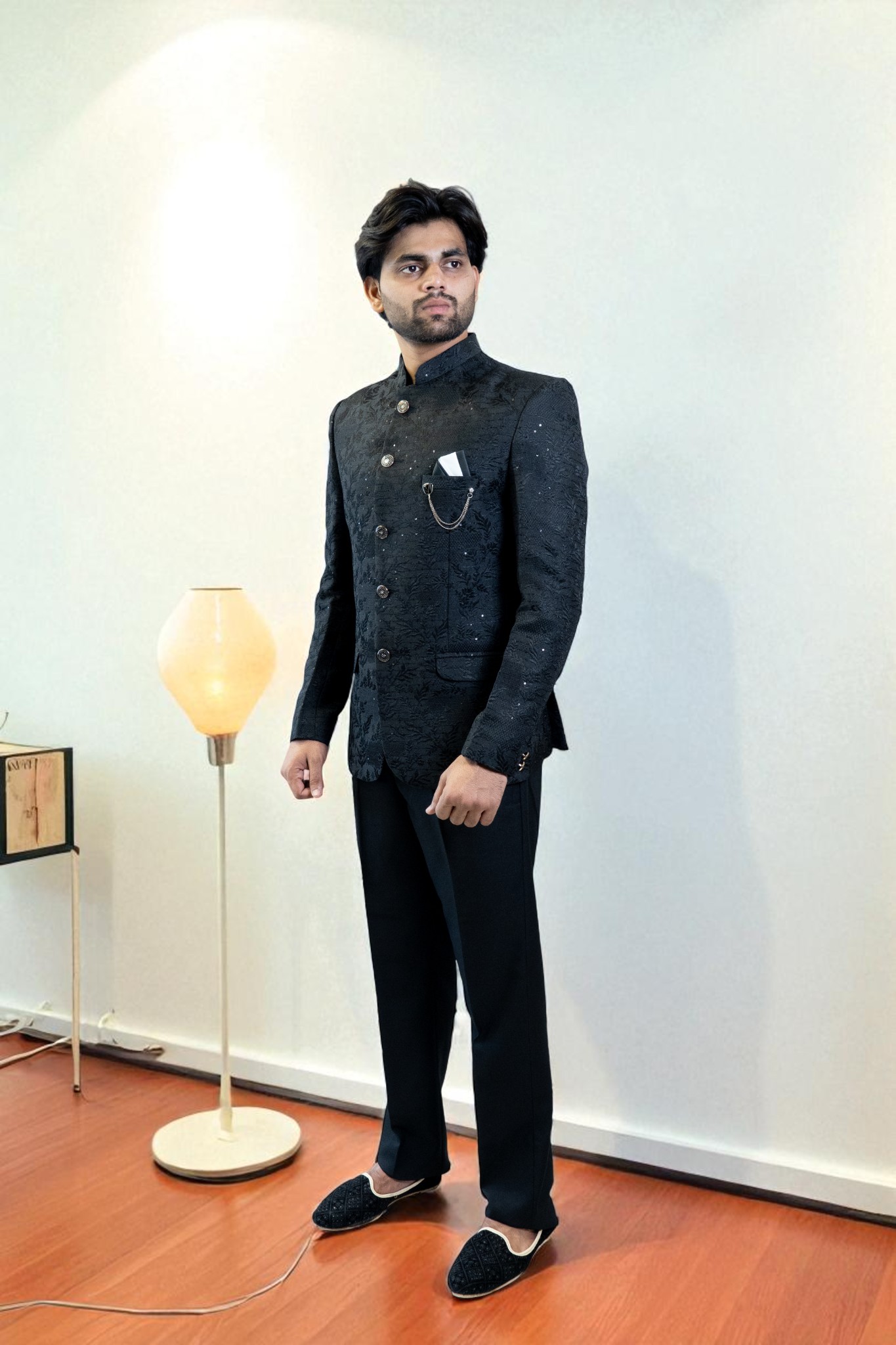 Black Bandhgala Jodhpuri Suit for Men – Embroidery Tree Design & Suiting Fabric - Image 3