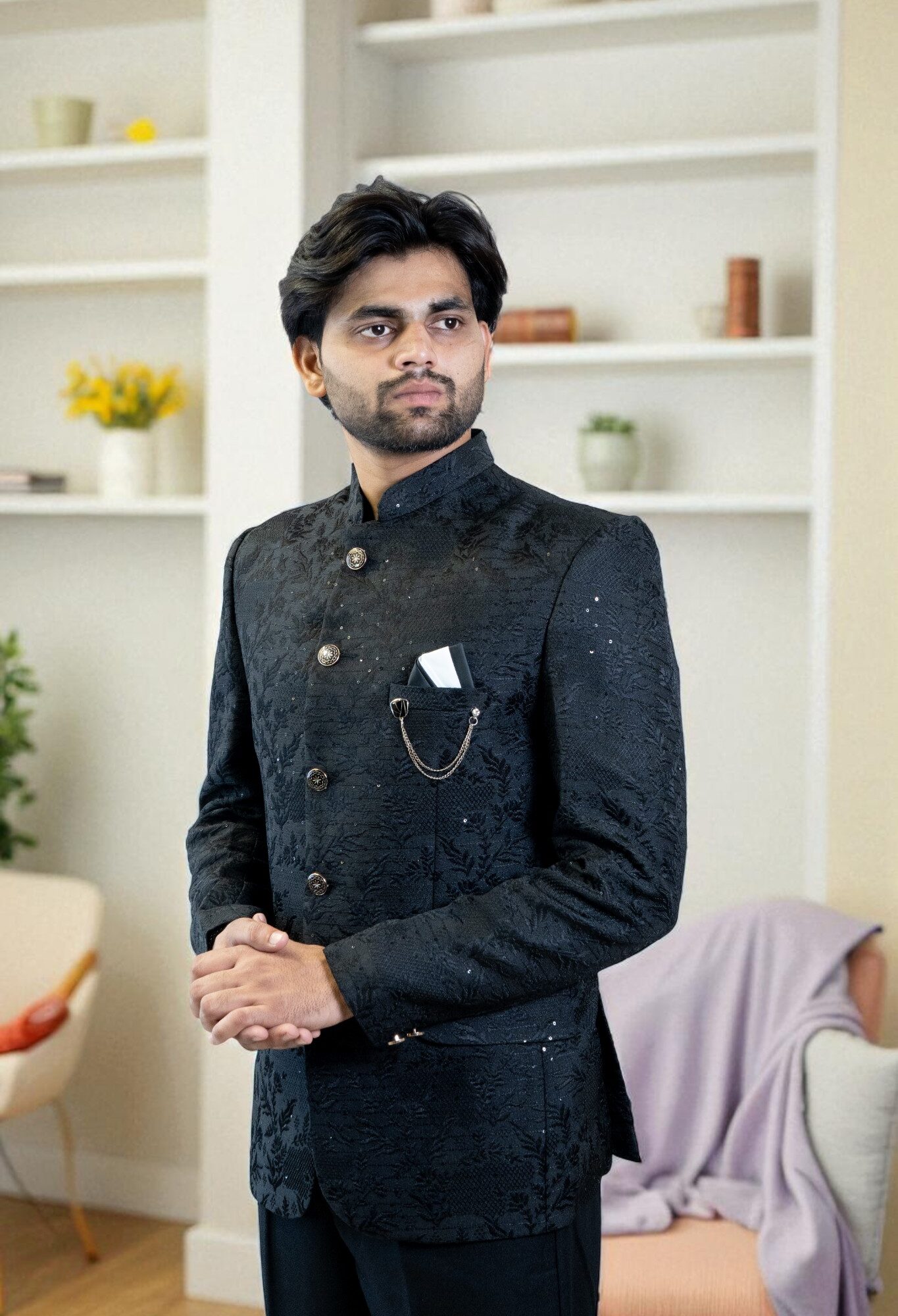 Black Bandhgala Jodhpuri Suit for Men – Embroidery Tree Design & Suiting Fabric