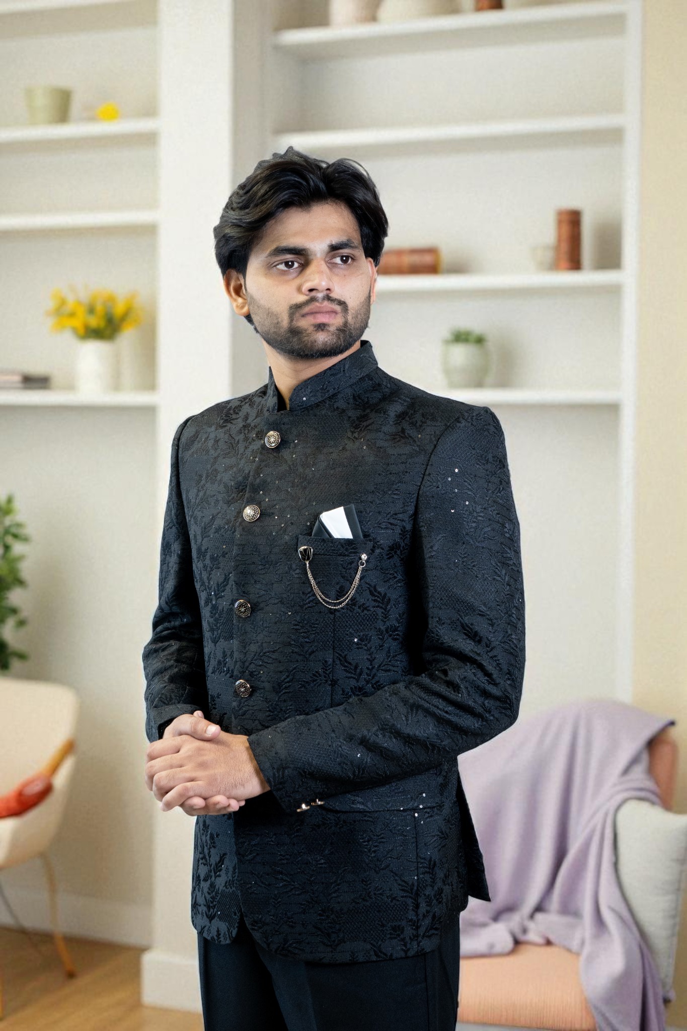 Black Bandhgala Jodhpuri Suit for Men – Embroidery Tree Design & Suiting Fabric